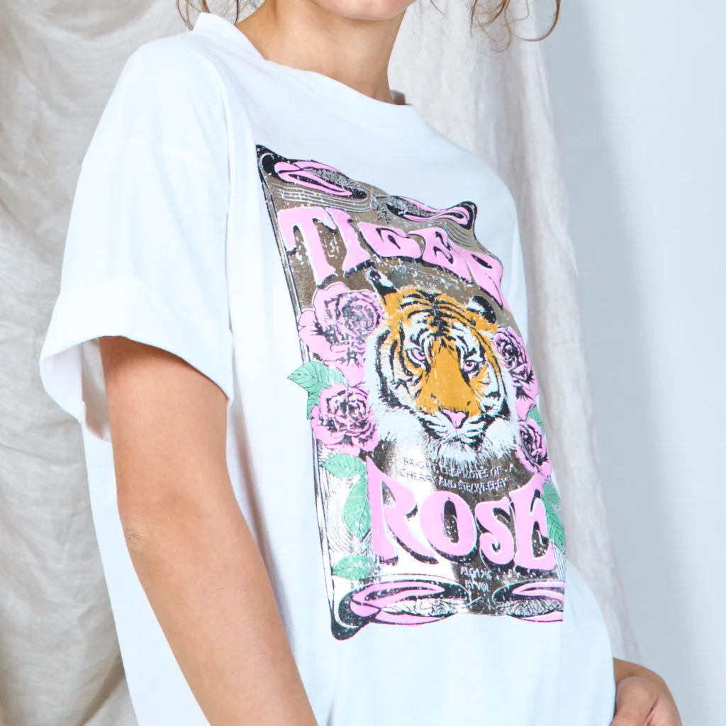 100% Cotton white t-shirt with tiger and rose print wholesale