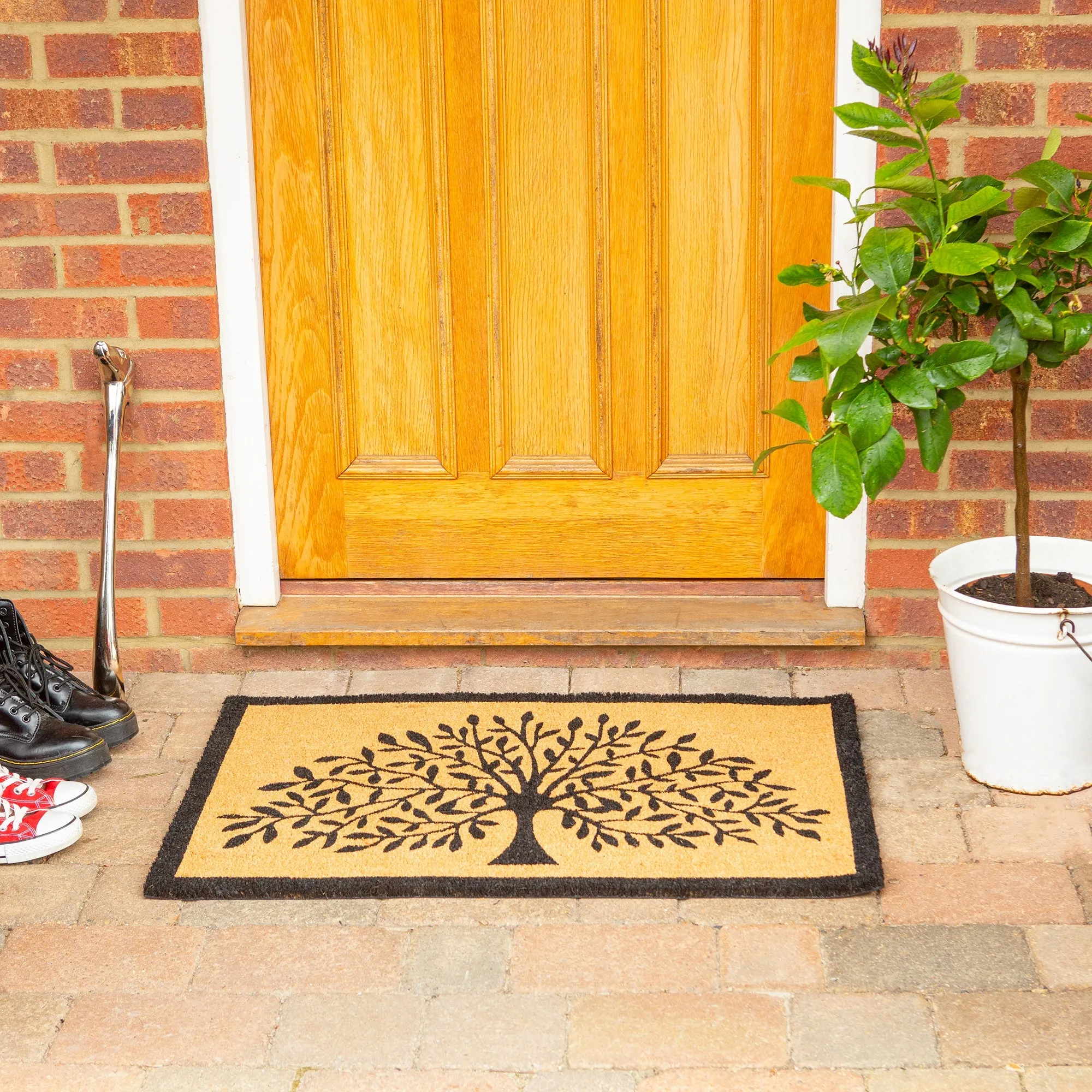 90cm x 60cm Black Tree of Life Coir Door Mat - By Nicola Spring