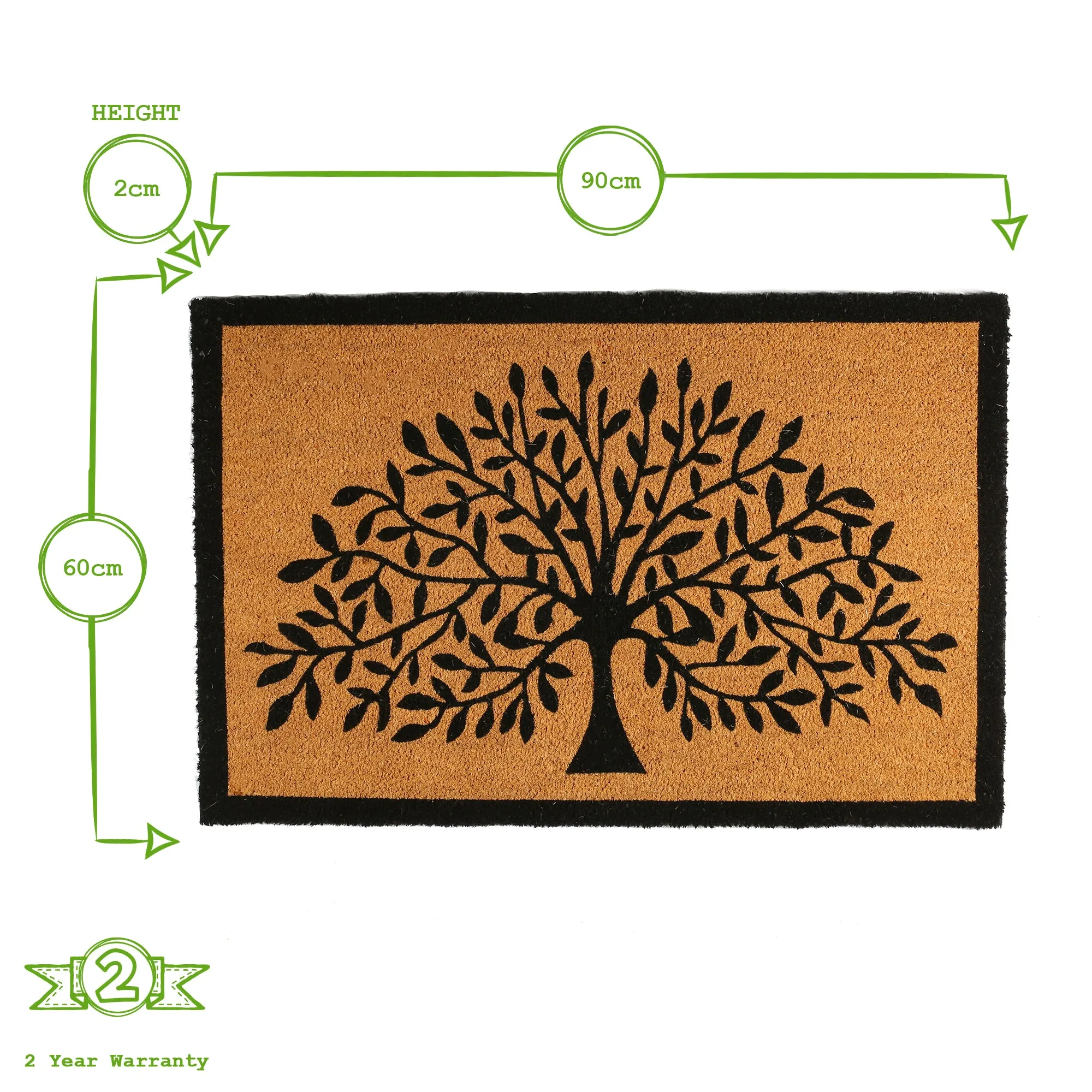 90cm x 60cm Black Tree of Life Coir Door Mat - By Nicola Spring