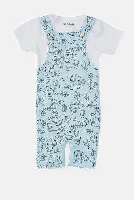 Baby Blue And White Printed T-Shirt And Dungaree Set (2 Piece)