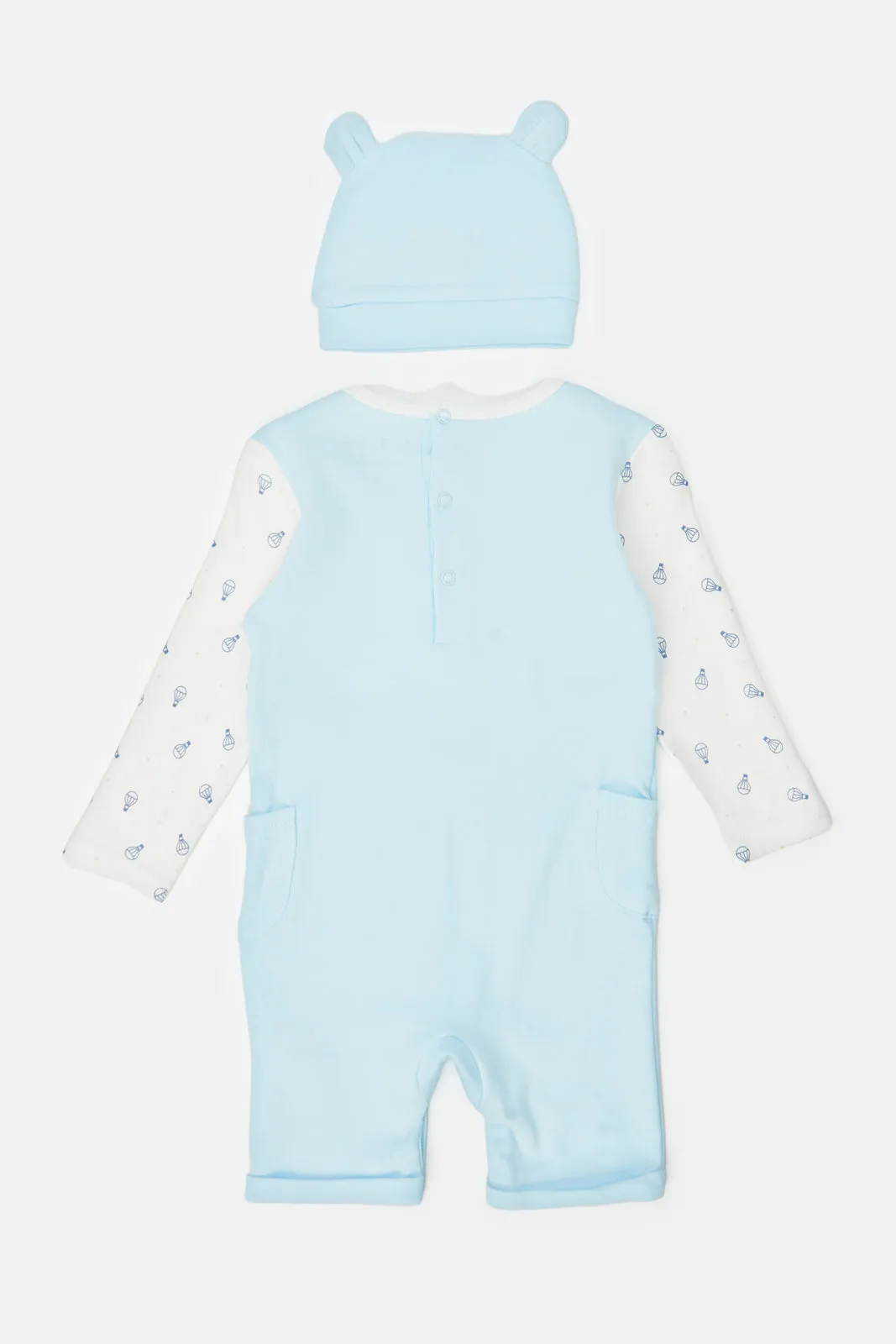 Baby Blue Mock Romper Sleepsuit And Hat Set (2 Piece)