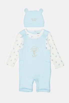 Baby Blue Mock Romper Sleepsuit And Hat Set (2 Piece)