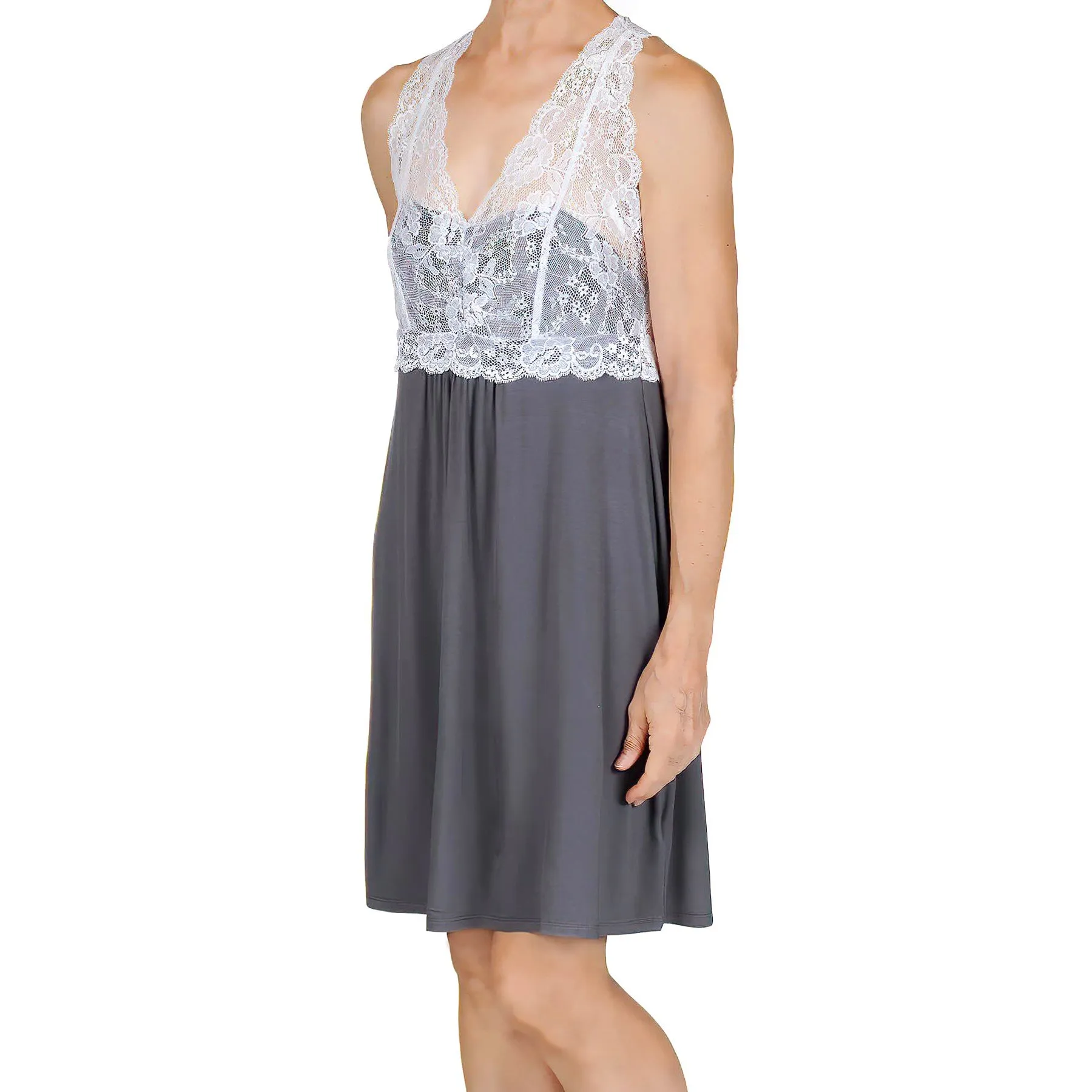 Catarina Knit Chemise Nightgown - Charcoal with White Lace