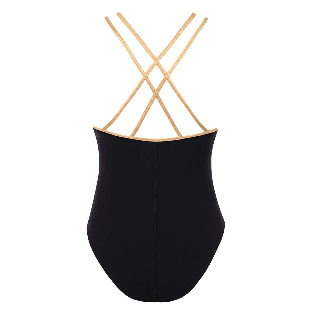 Cosmic Black Round Neck Crossed Straps Swimsuit