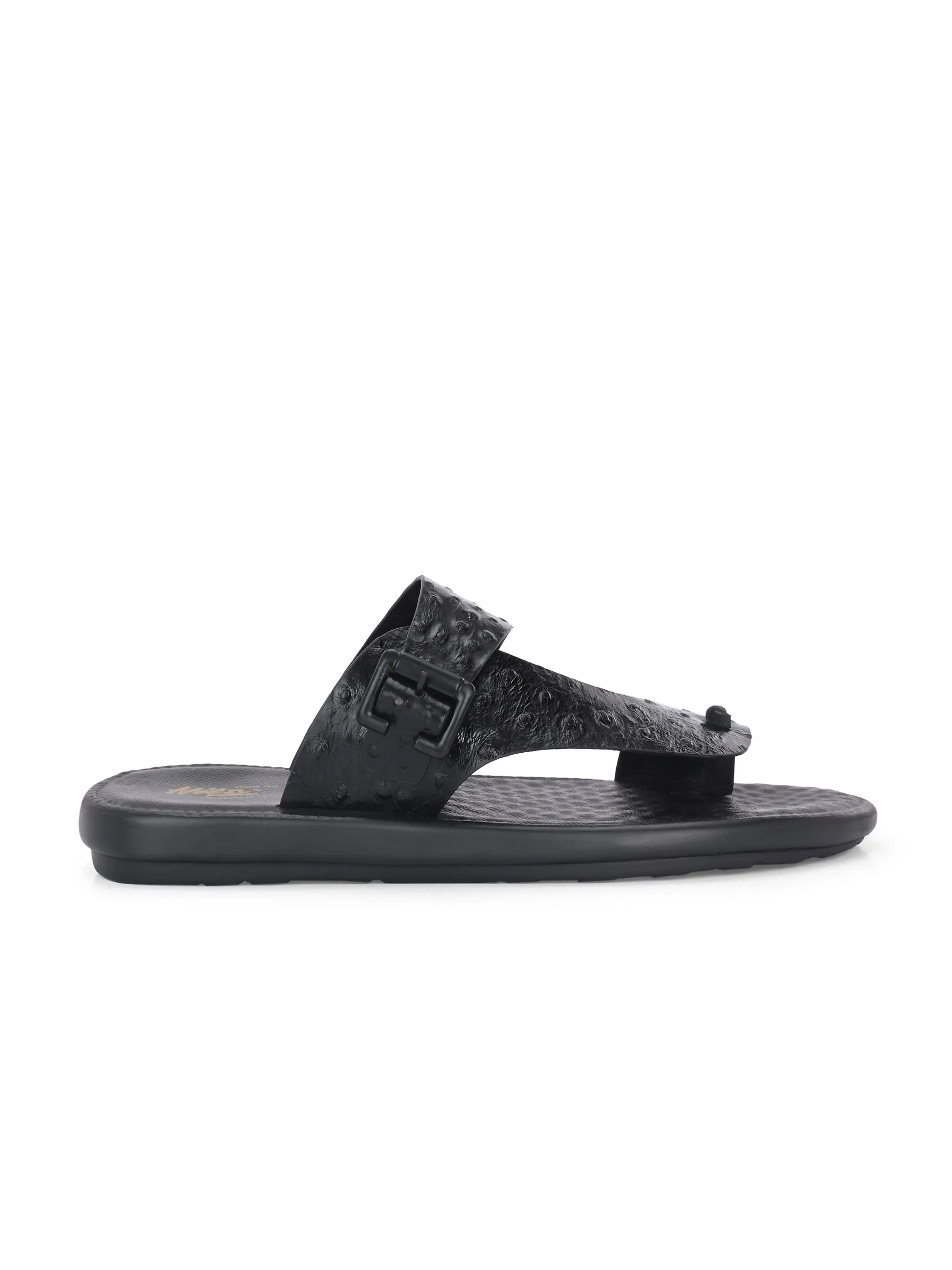 Hitz Men's Black Leather Casual Daily Wear Buckle Slipper