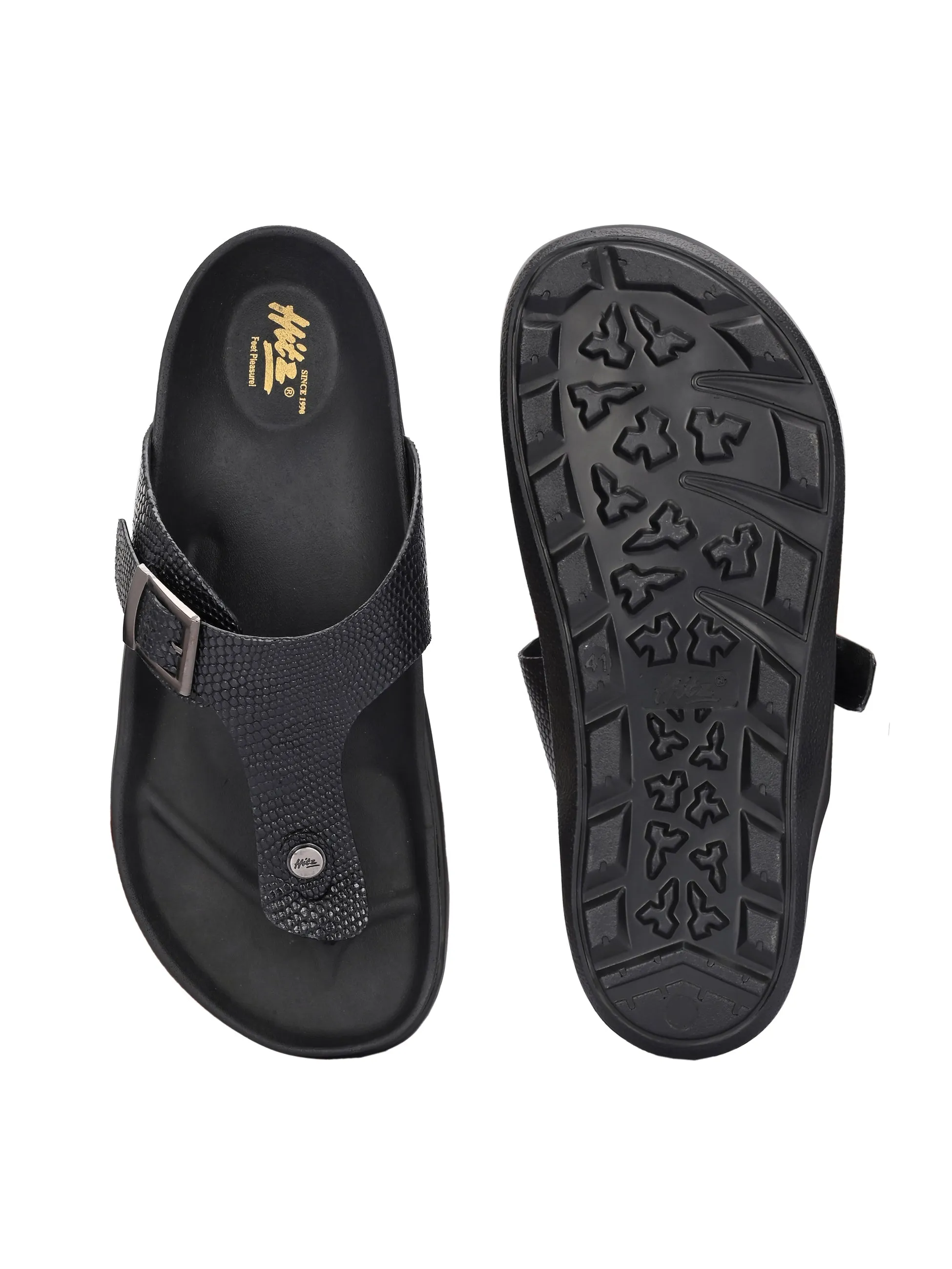 Hitz Men's Black Leather Daily Wear Buckle Slipper