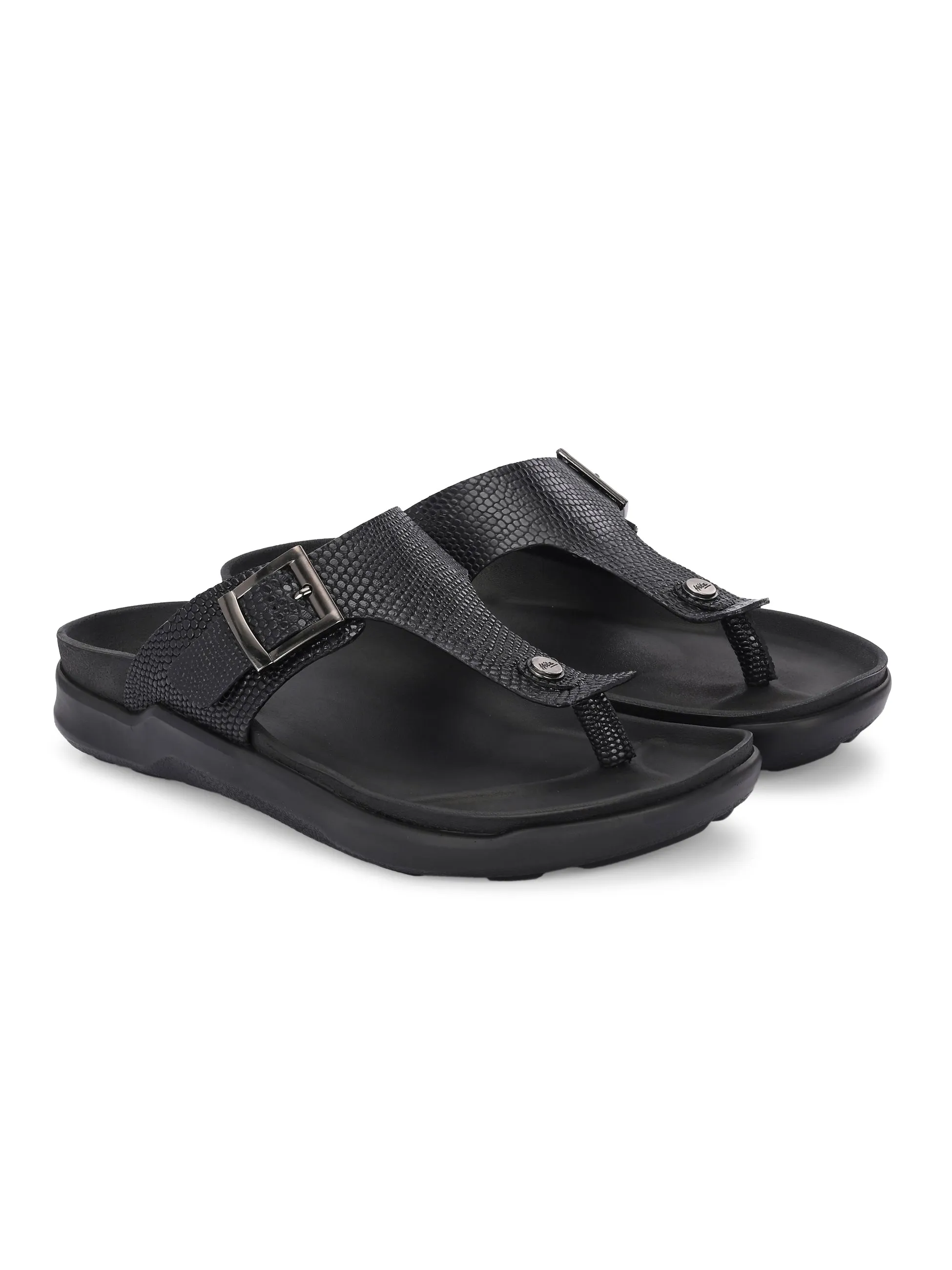 Hitz Men's Black Leather Daily Wear Buckle Slipper