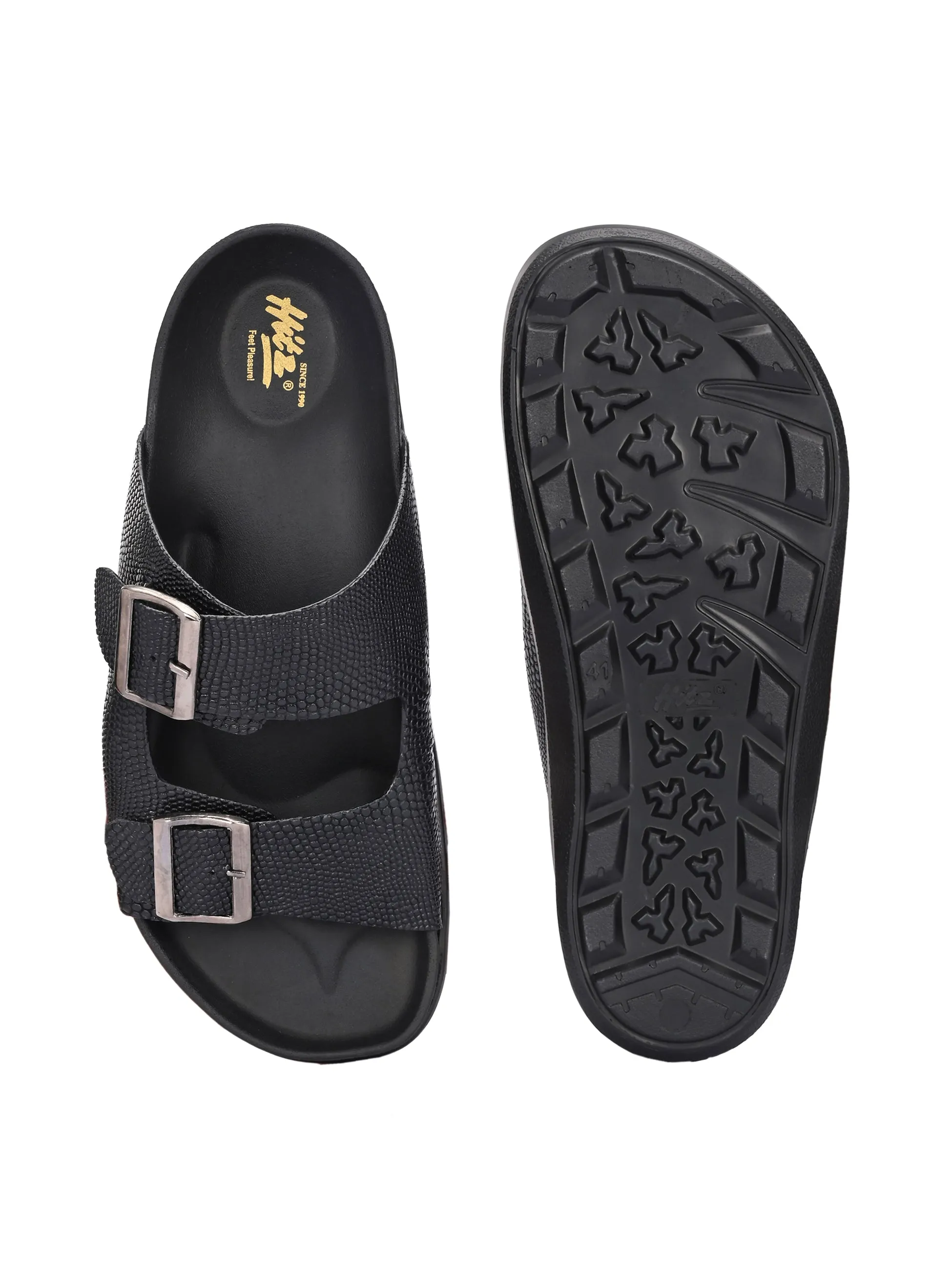 Hitz Men's Black Leather Daily Wear Buckle Slipper