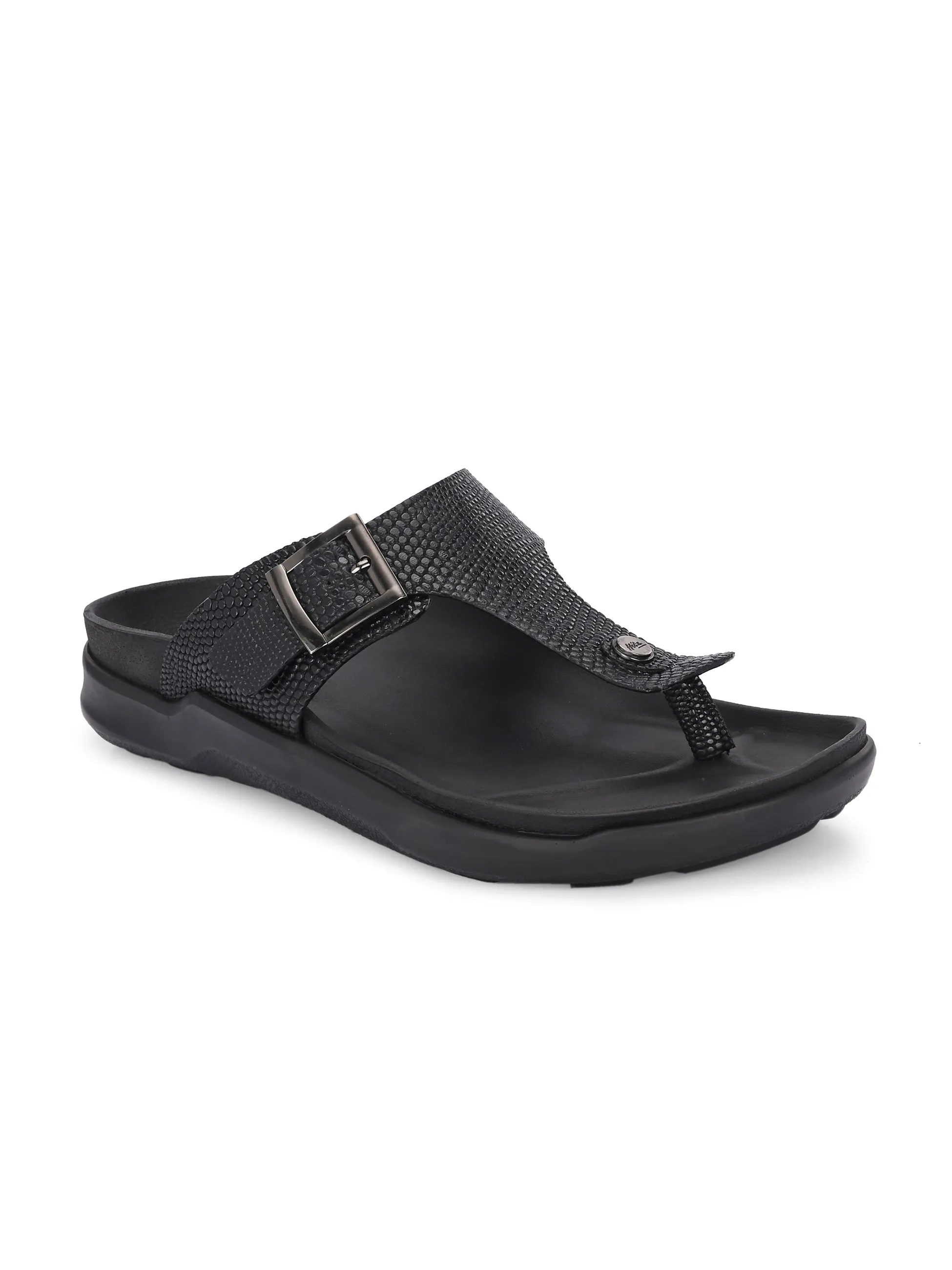 Hitz Men's Black Leather Daily Wear Buckle Slipper