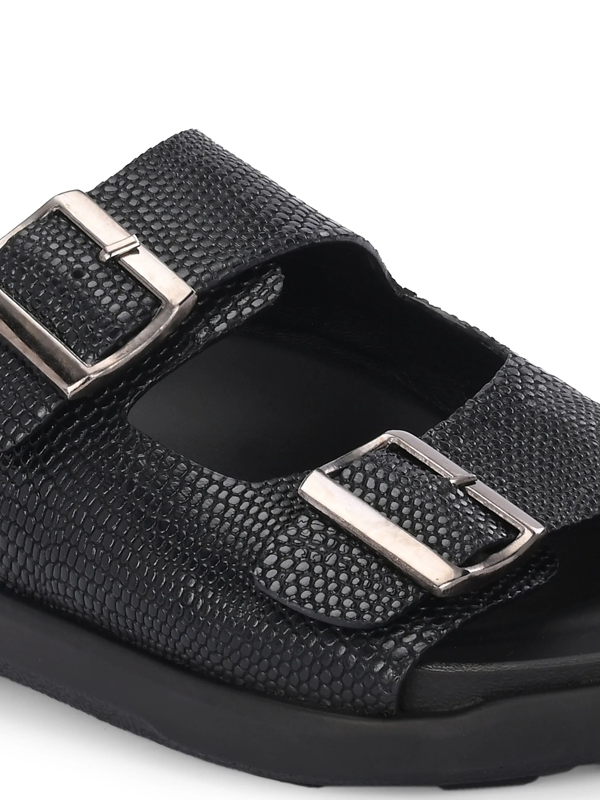 Hitz Men's Black Leather Daily Wear Buckle Slipper