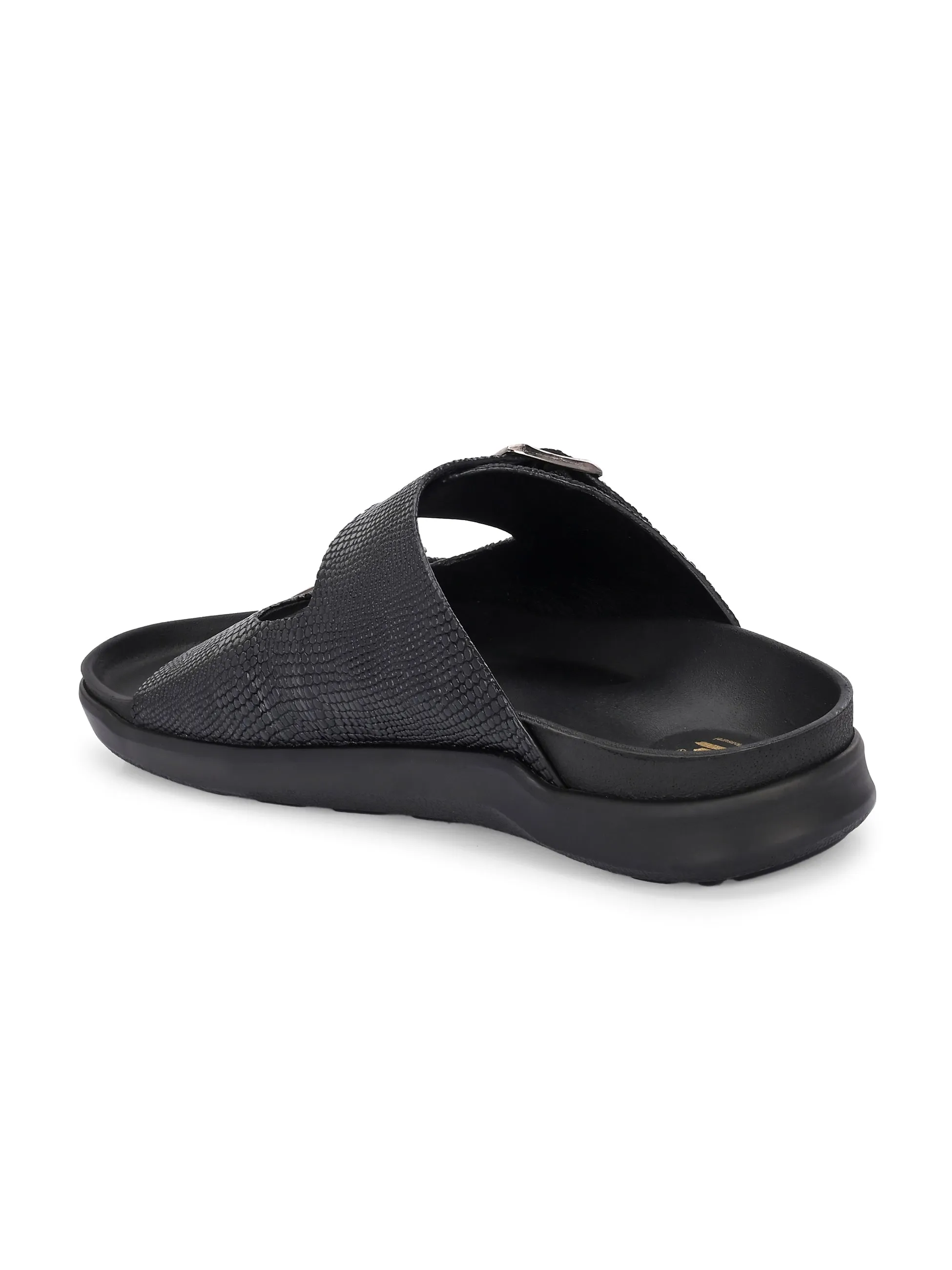 Hitz Men's Black Leather Daily Wear Buckle Slipper