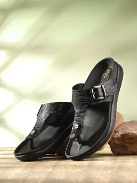 Hitz Men's Black Leather Daily Wear Buckle Slipper