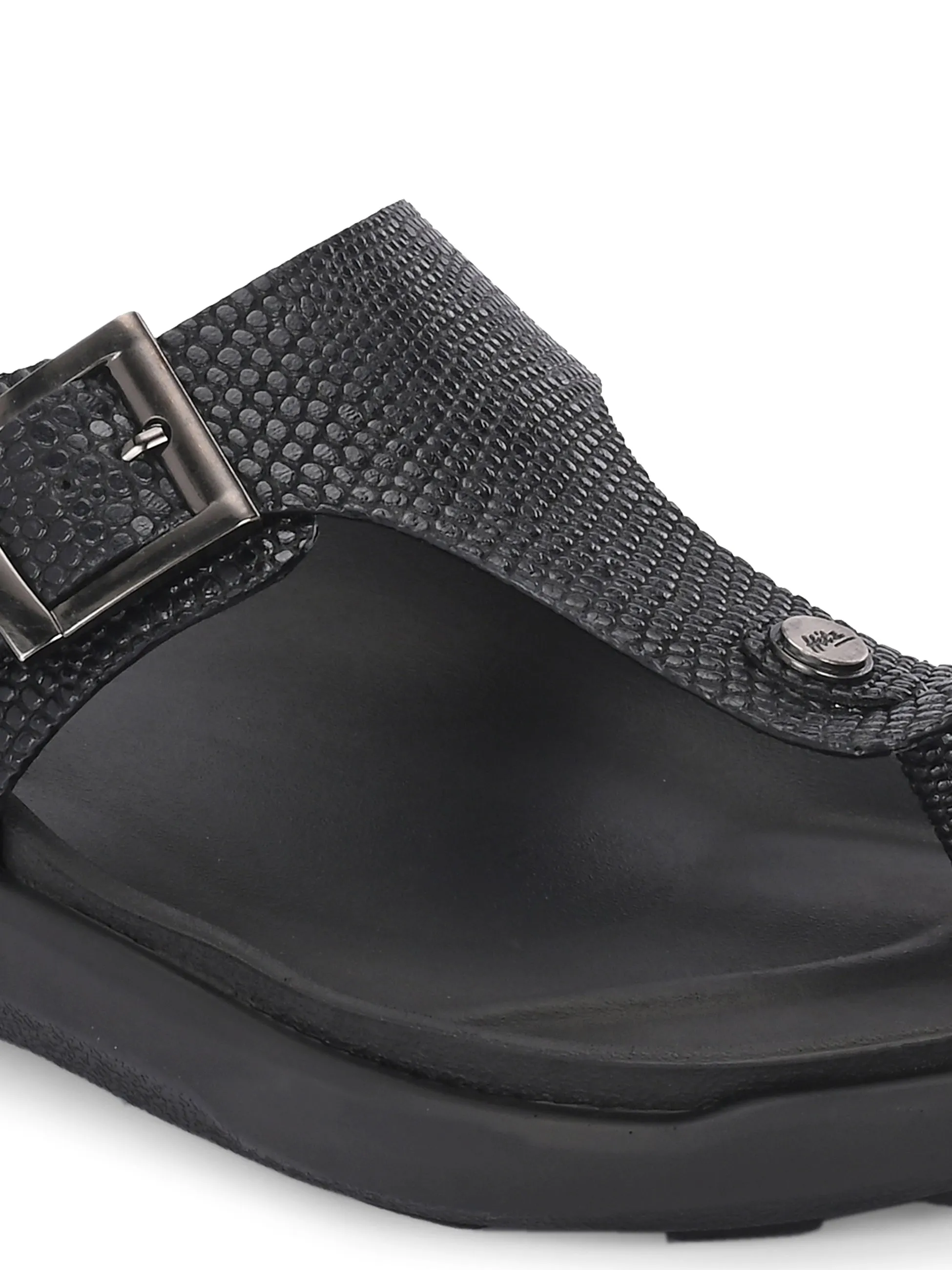 Hitz Men's Black Leather Daily Wear Buckle Slipper