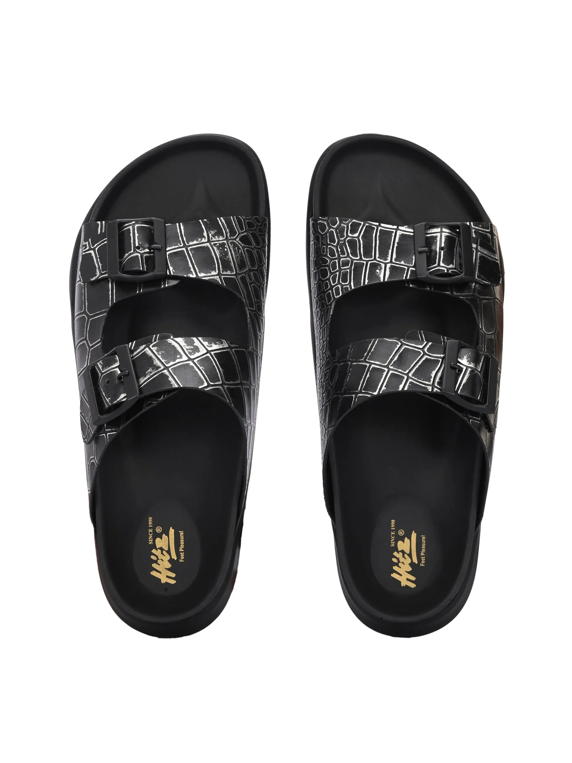 Hitz Men's Black Leather Daily Wear Sandals