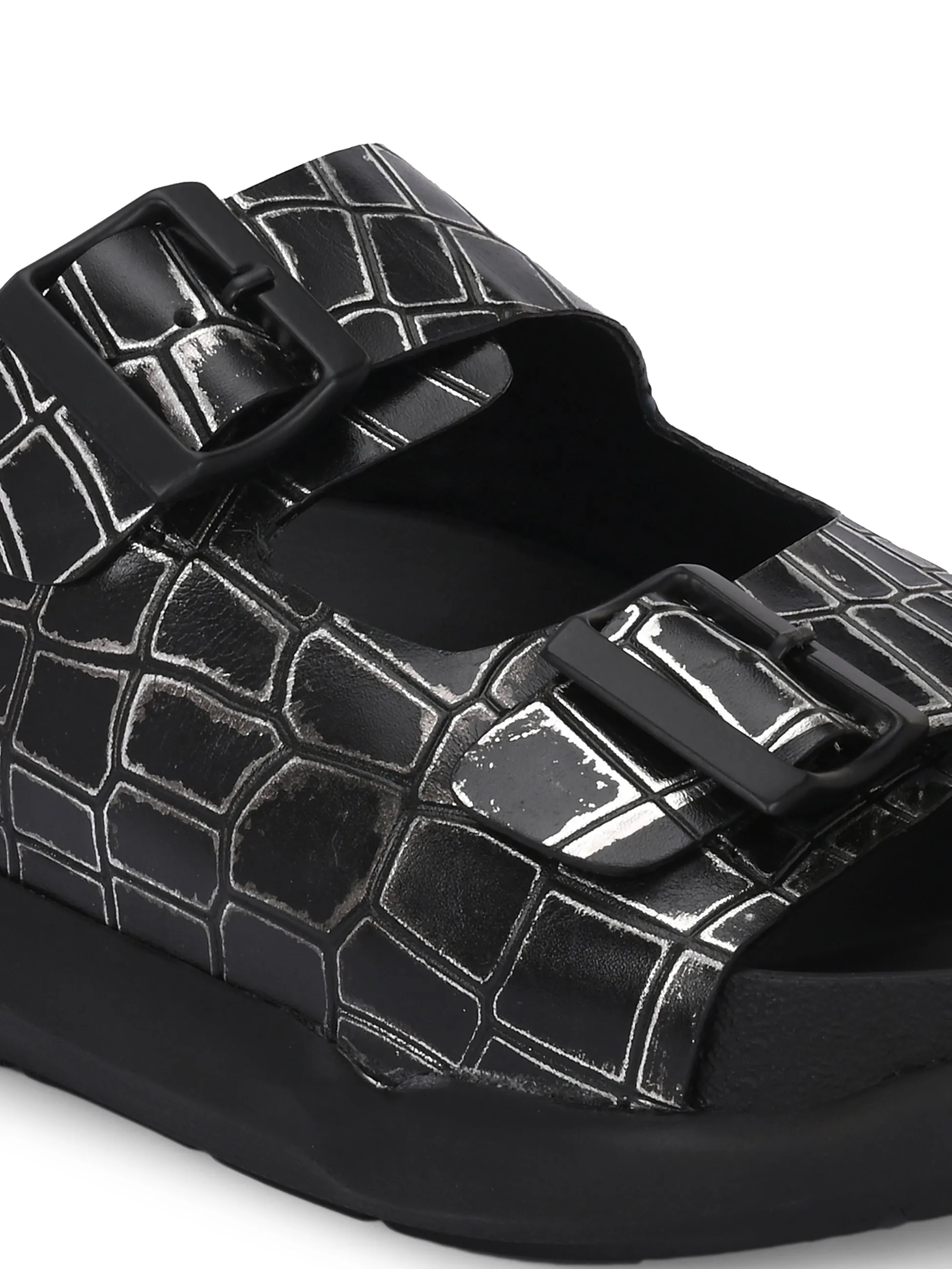 Hitz Men's Black Leather Daily Wear Sandals