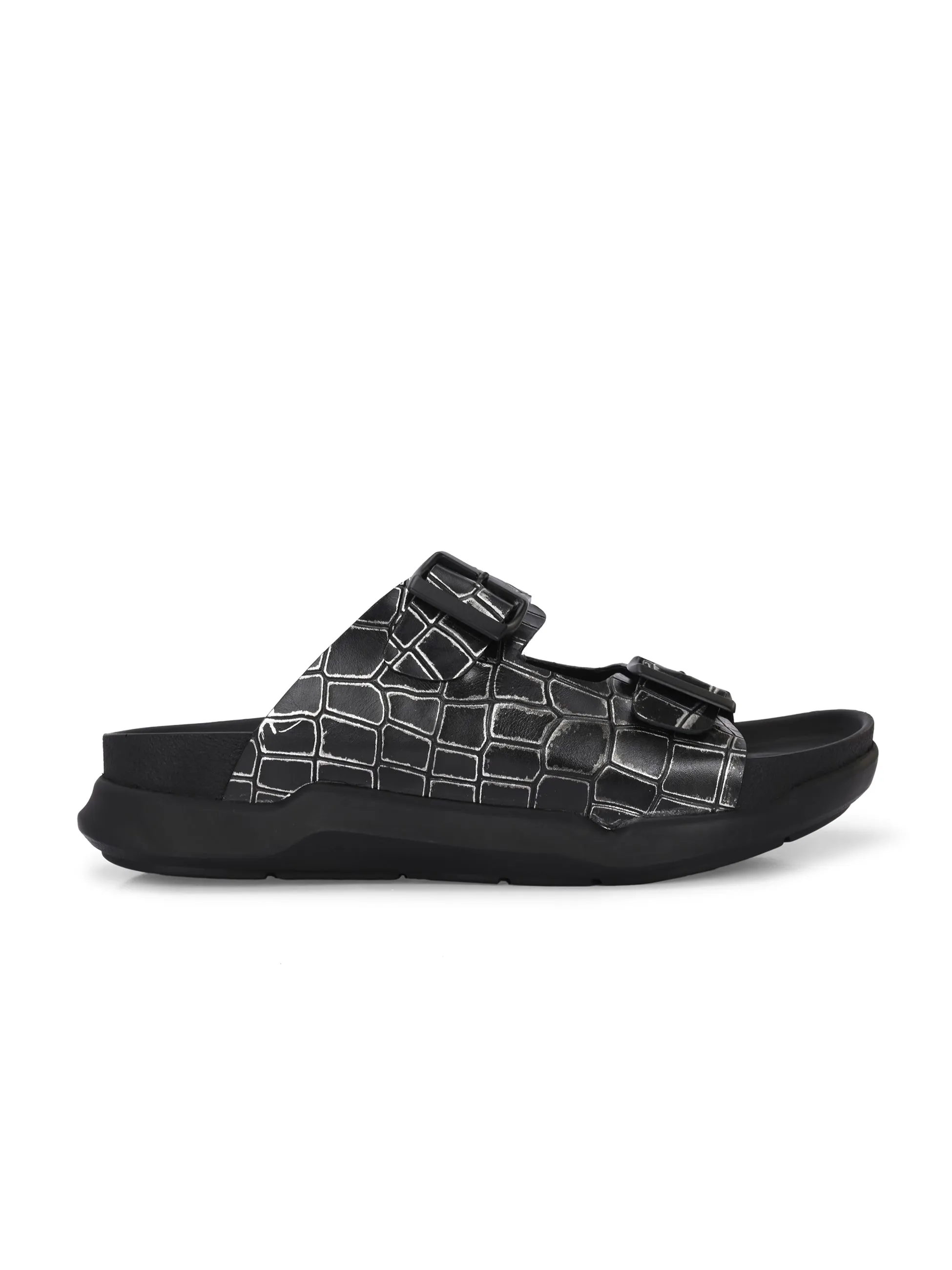 Hitz Men's Black Leather Daily Wear Sandals