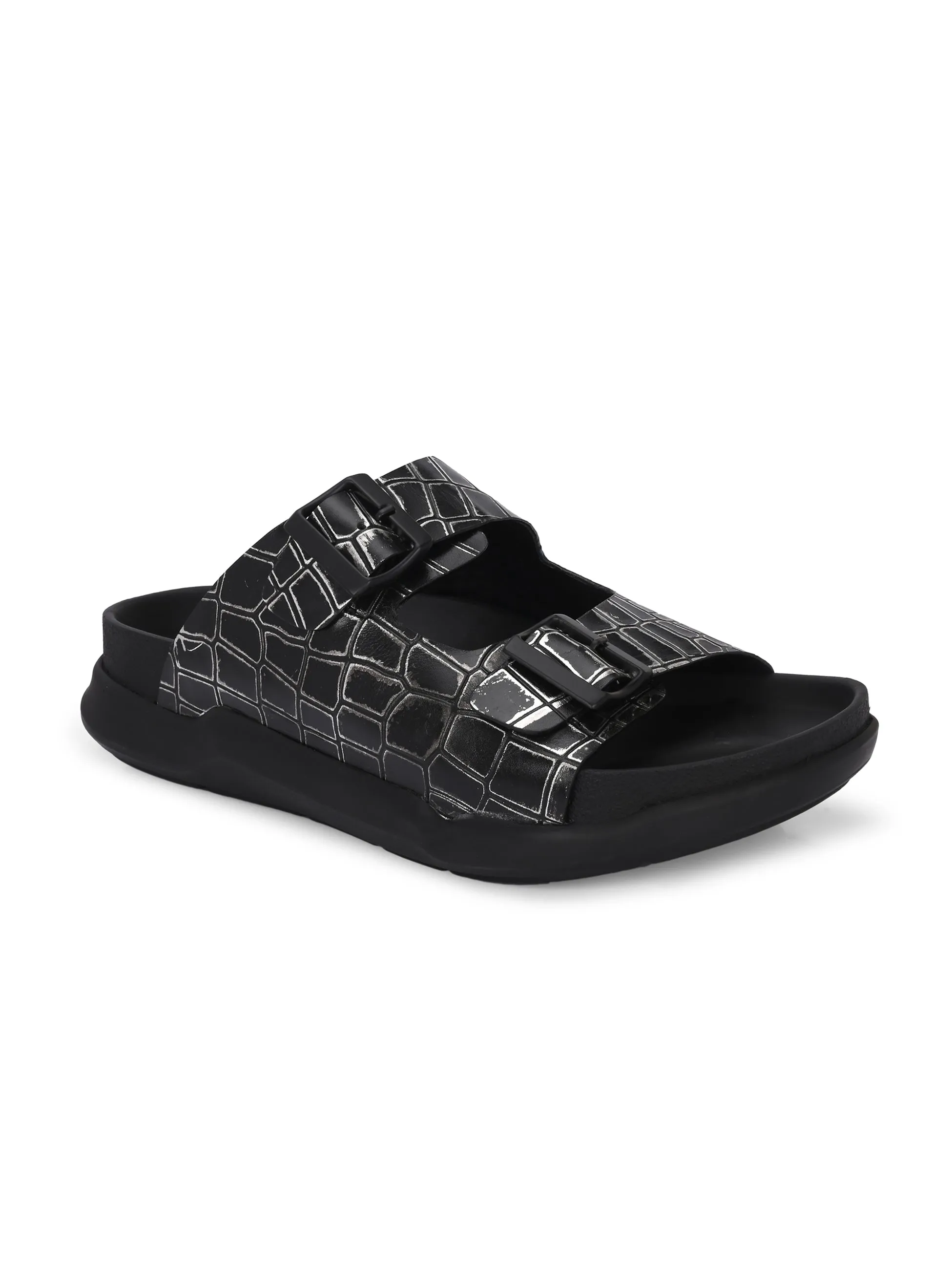 Hitz Men's Black Leather Daily Wear Sandals