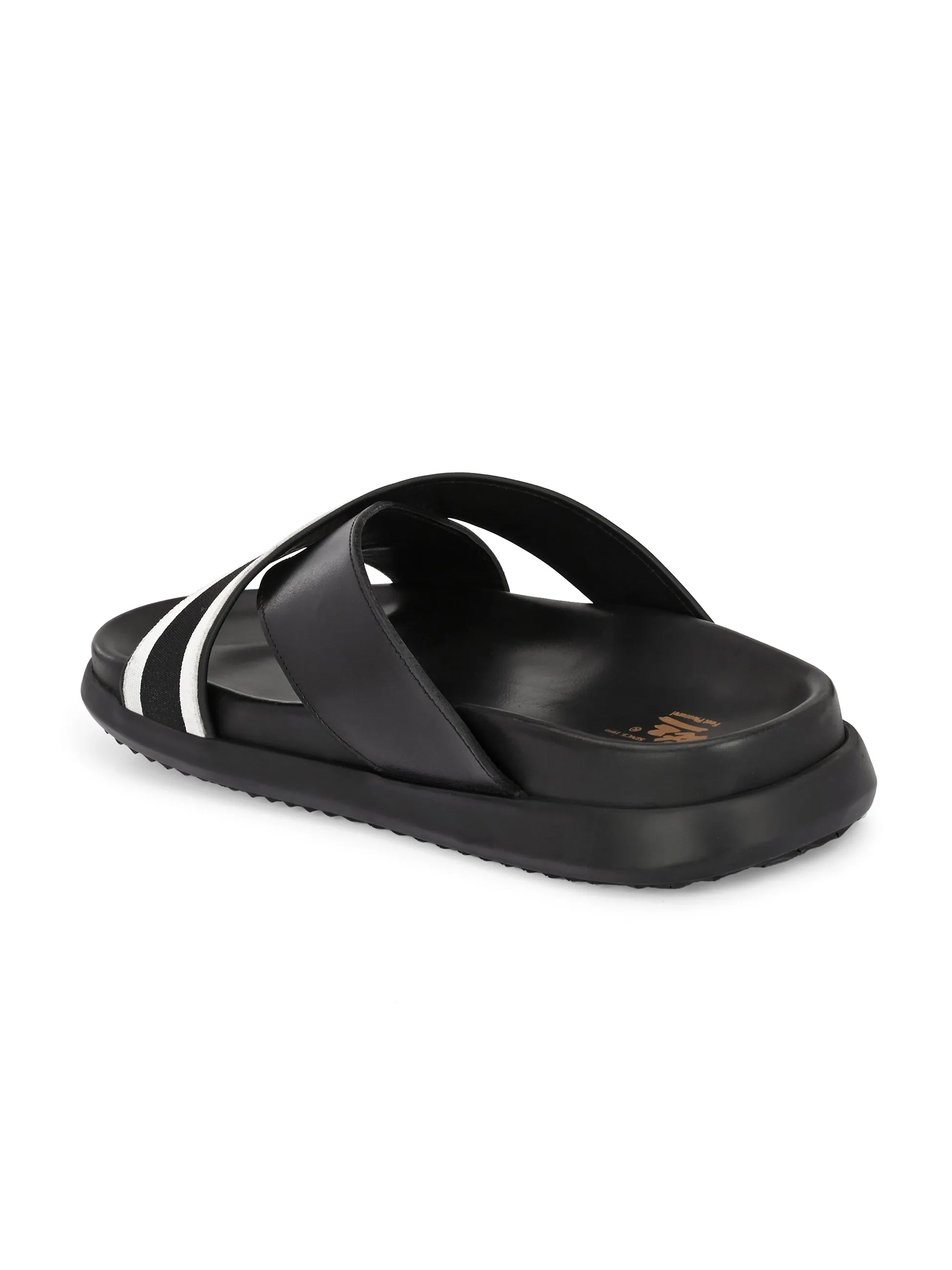 Hitz Men's Black Leather Open Toe Cross Strap Slippers