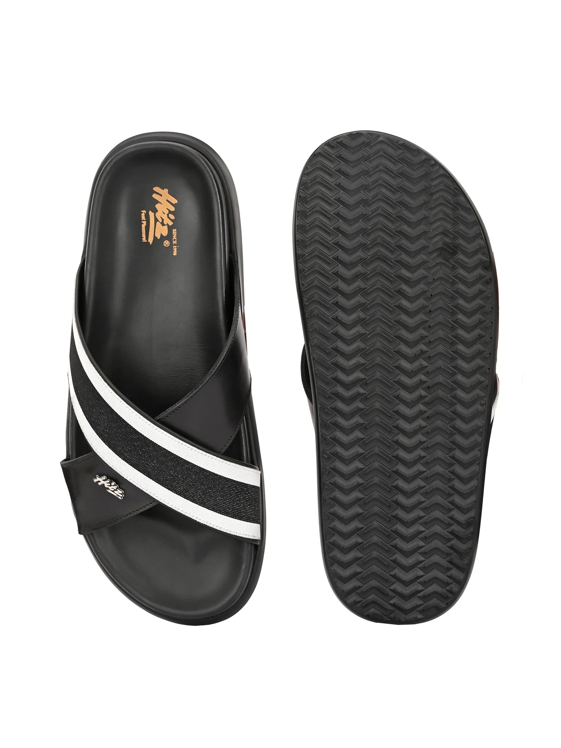 Hitz Men's Black Leather Open Toe Cross Strap Slippers