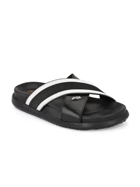 Hitz Men's Black Leather Open Toe Cross Strap Slippers