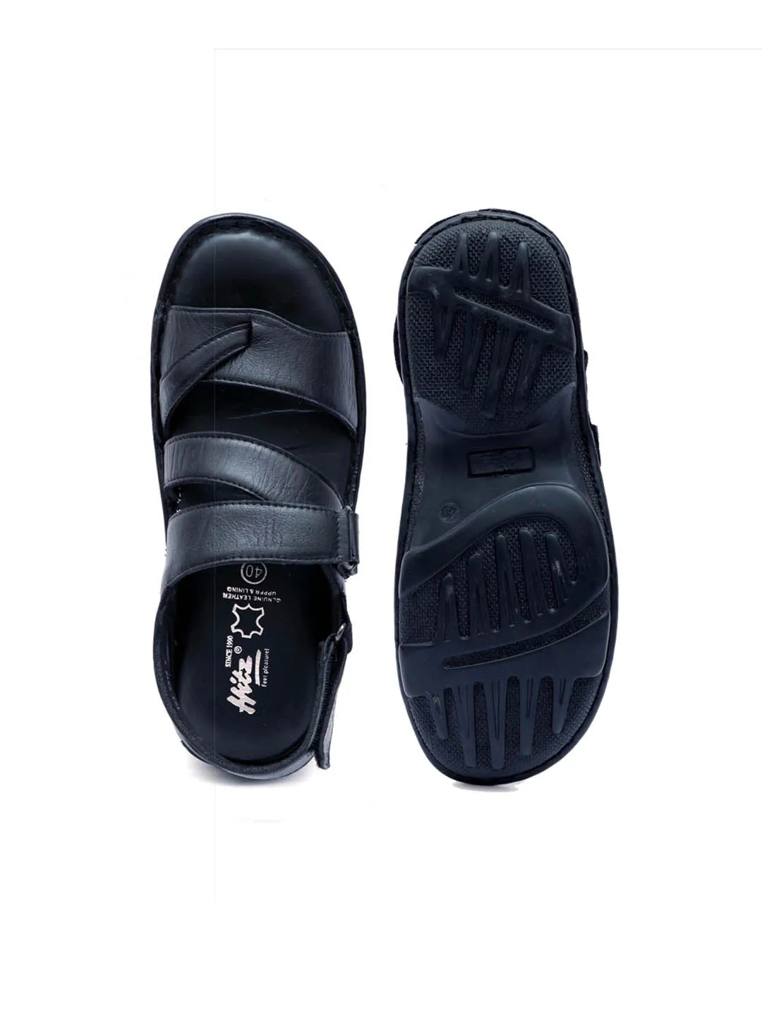 Hitz Men's Black Leather Open Toe Sandals with Velcro Closure