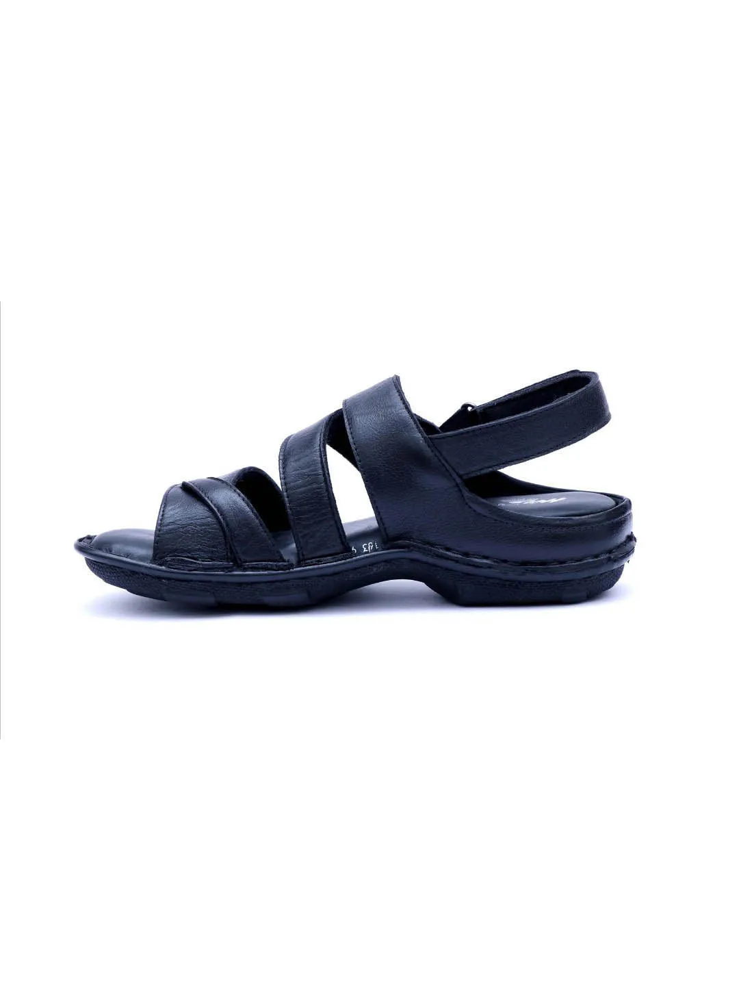 Hitz Men's Black Leather Open Toe Sandals with Velcro Closure