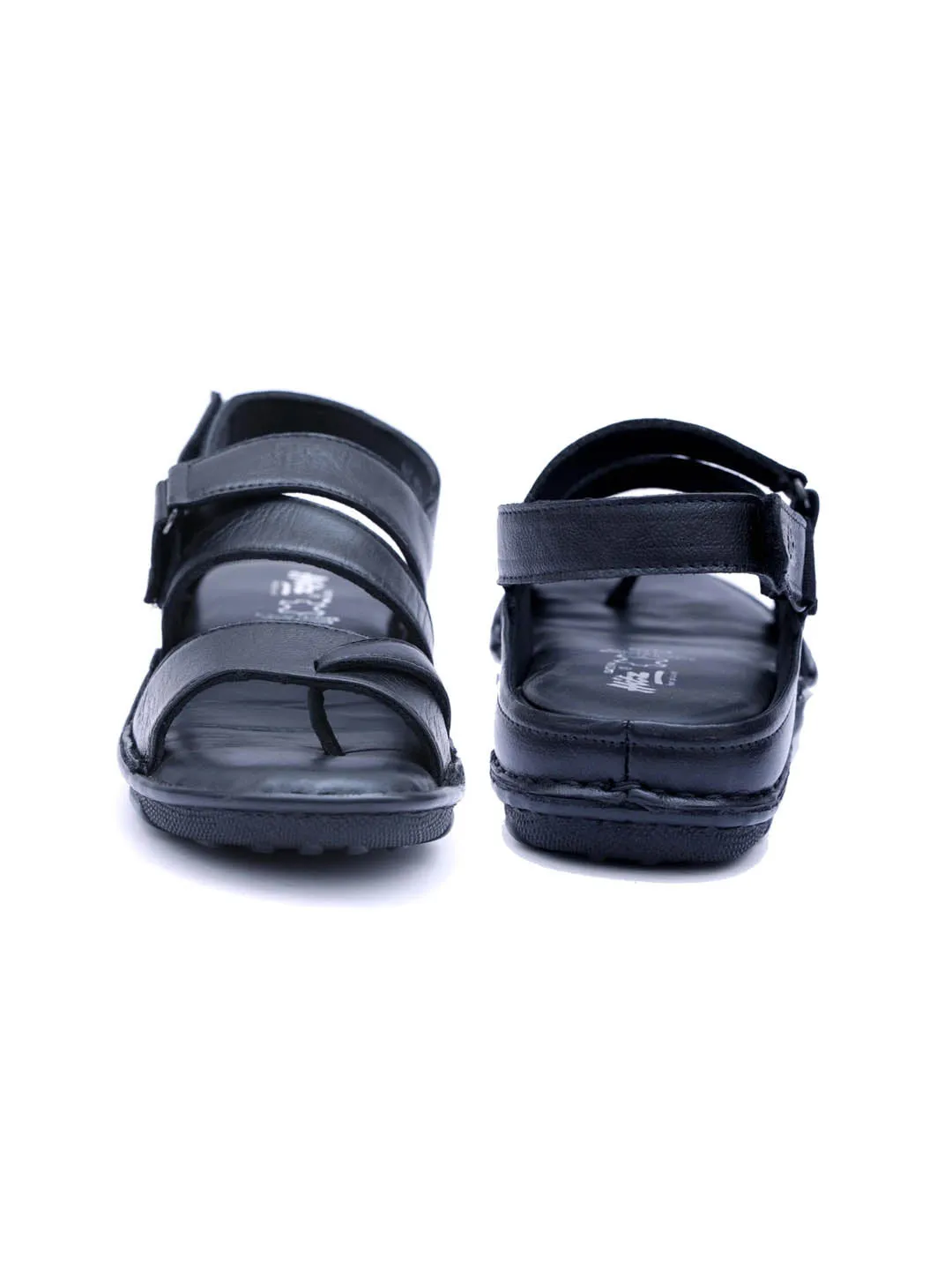 Hitz Men's Black Leather Open Toe Sandals with Velcro Closure