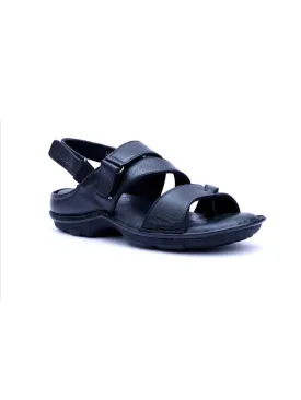 Hitz Men's Black Leather Open Toe Sandals with Velcro Closure