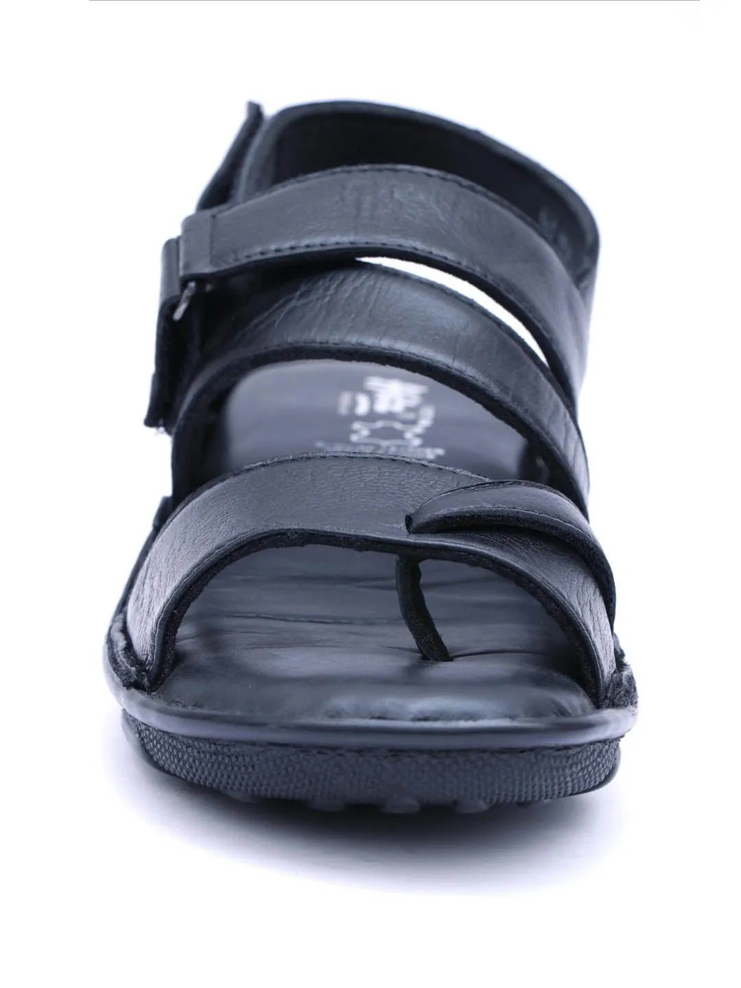 Hitz Men's Black Leather Open Toe Sandals with Velcro Closure