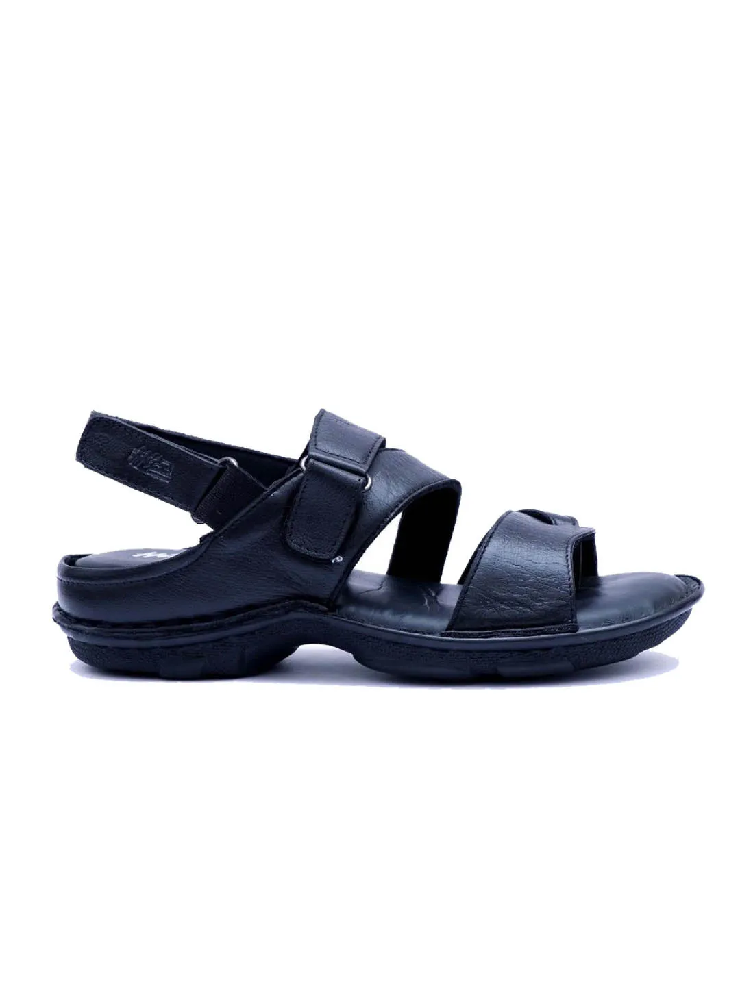 Hitz Men's Black Leather Open Toe Sandals with Velcro Closure