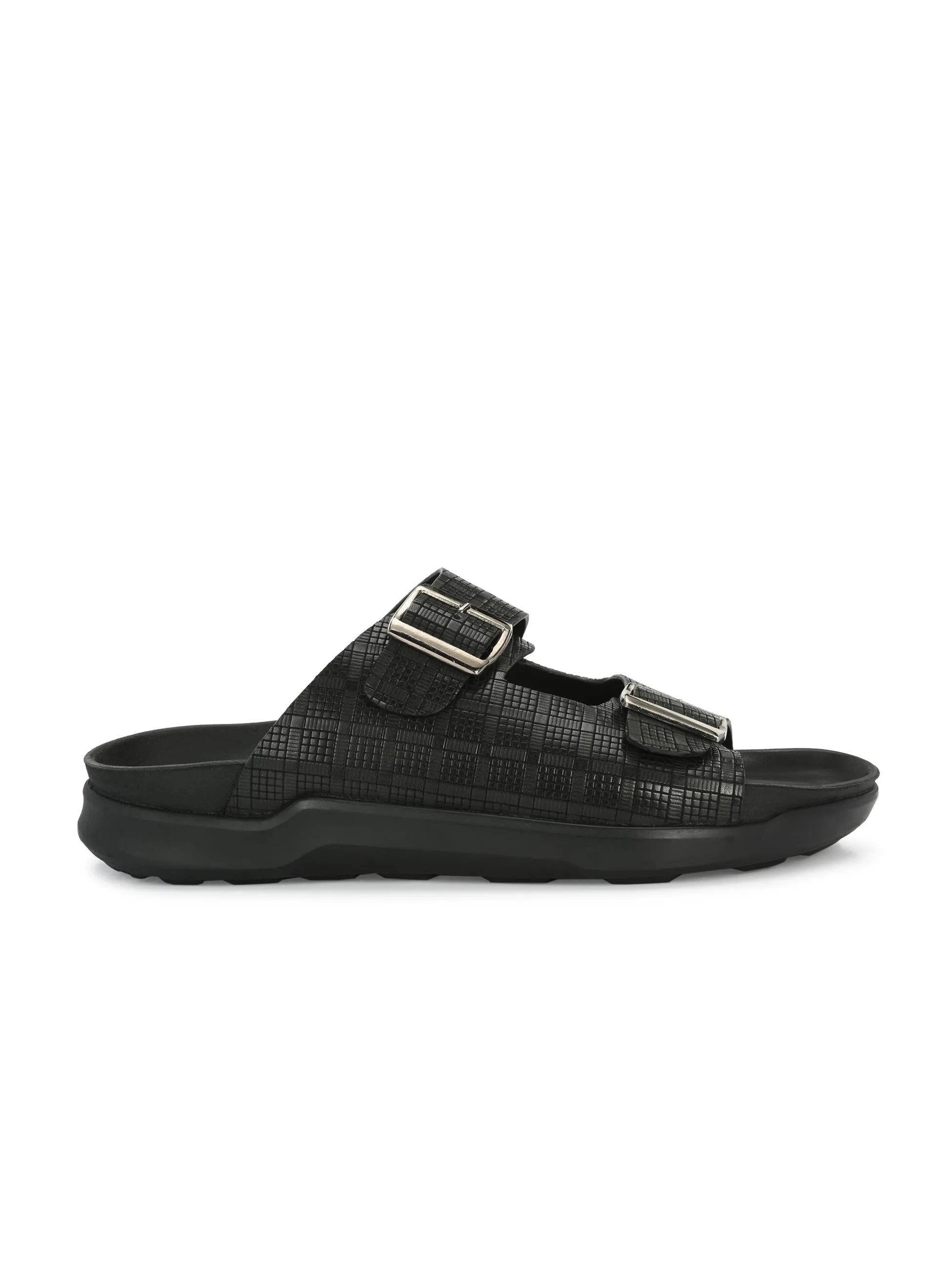 Hitz Men's Black Leather Open Toe Slippers