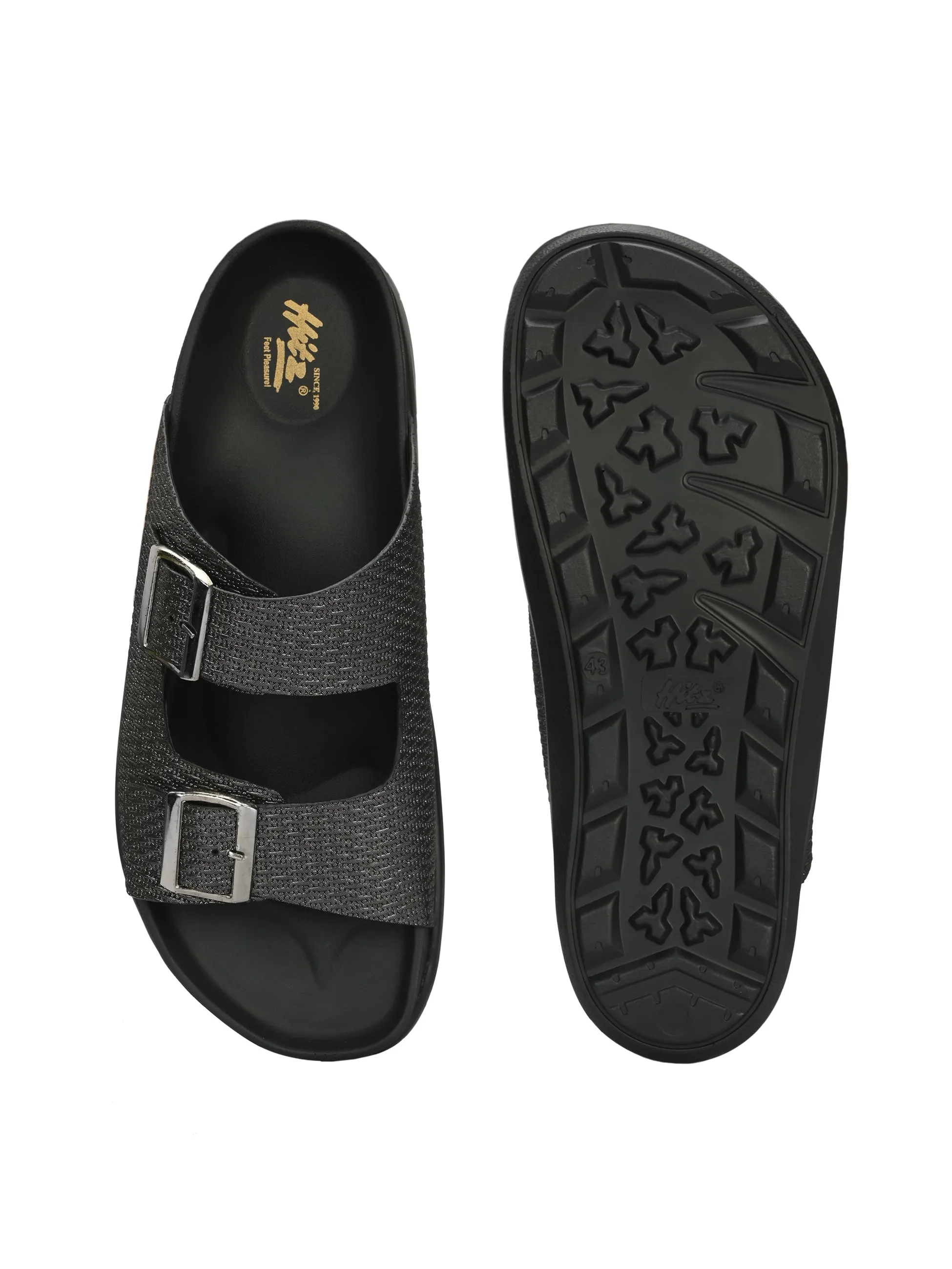 Hitz Men's Black Leather Open Toe Slippers