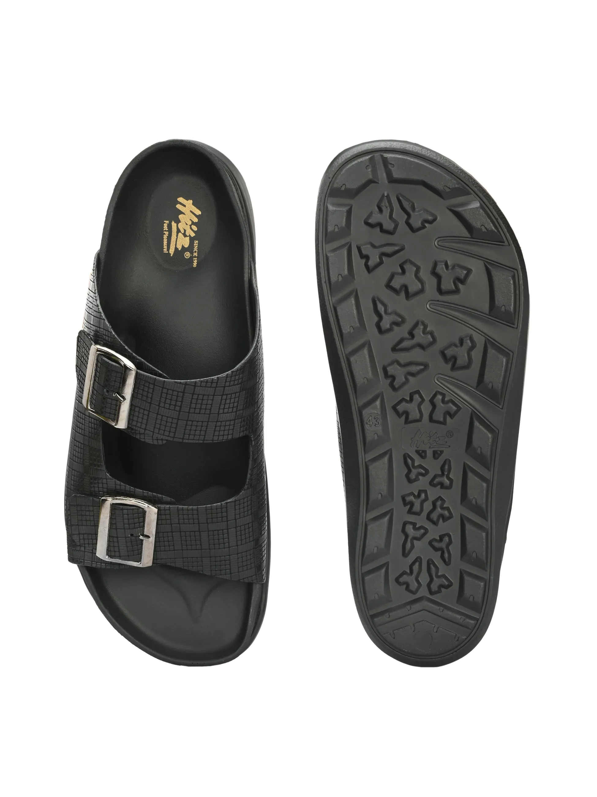 Hitz Men's Black Leather Open Toe Slippers