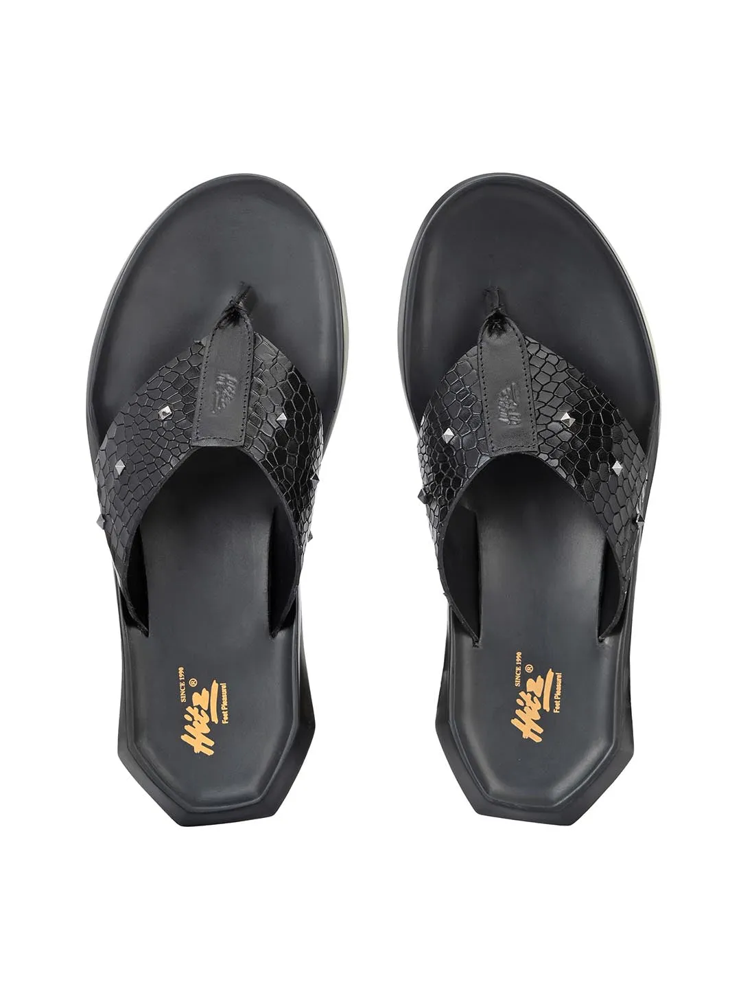 Hitz Men's Black Leather Open Toe Slippers