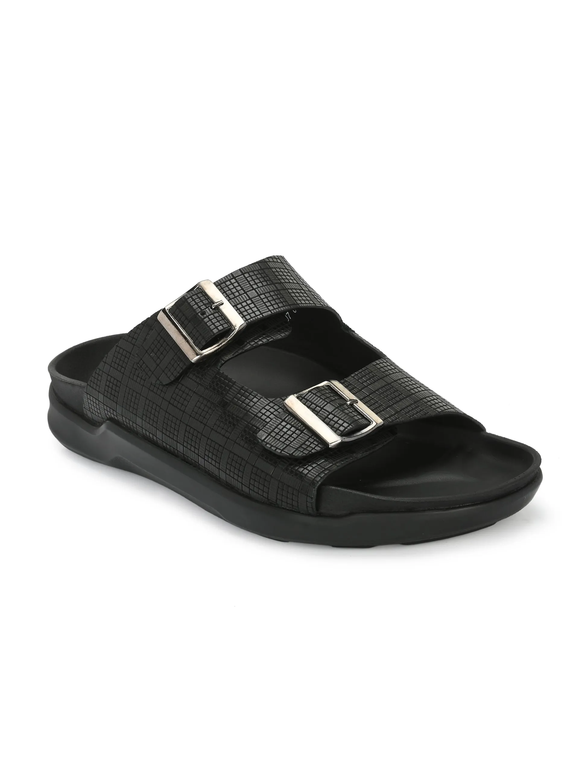 Hitz Men's Black Leather Open Toe Slippers