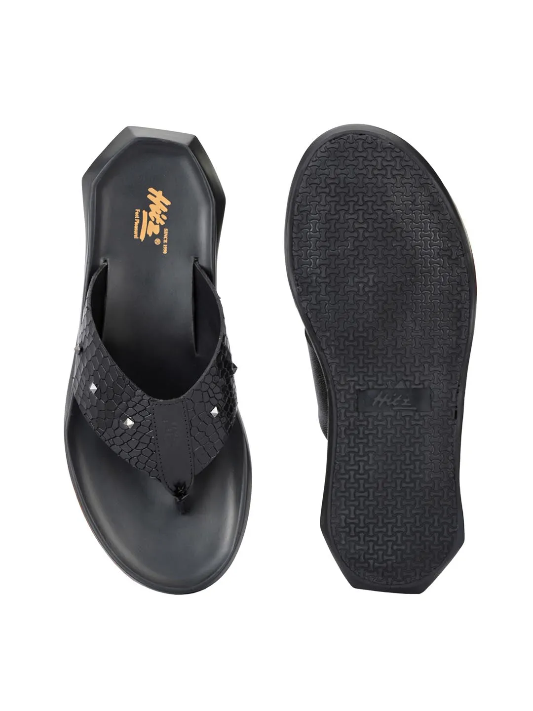 Hitz Men's Black Leather Open Toe Slippers