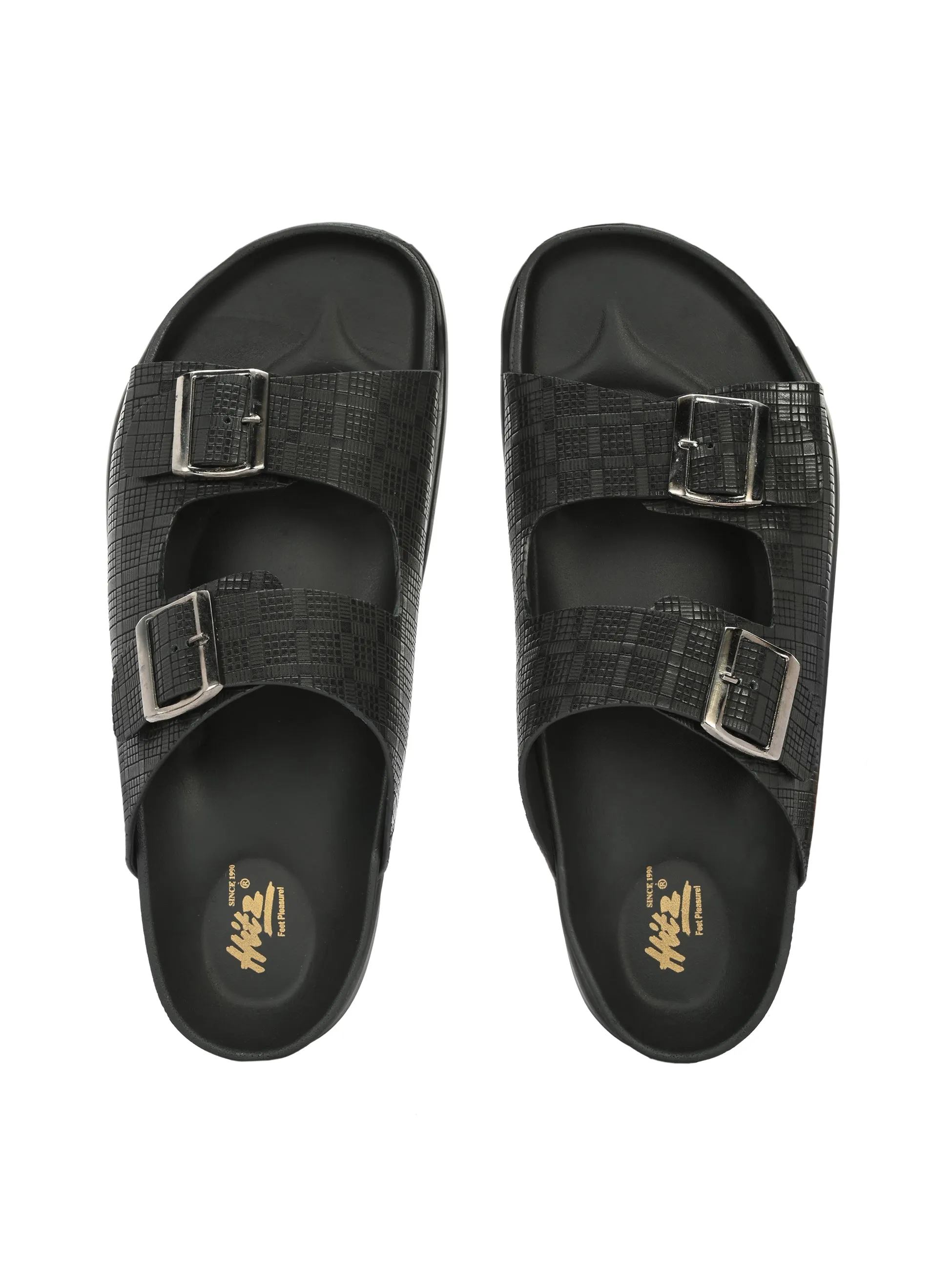 Hitz Men's Black Leather Open Toe Slippers