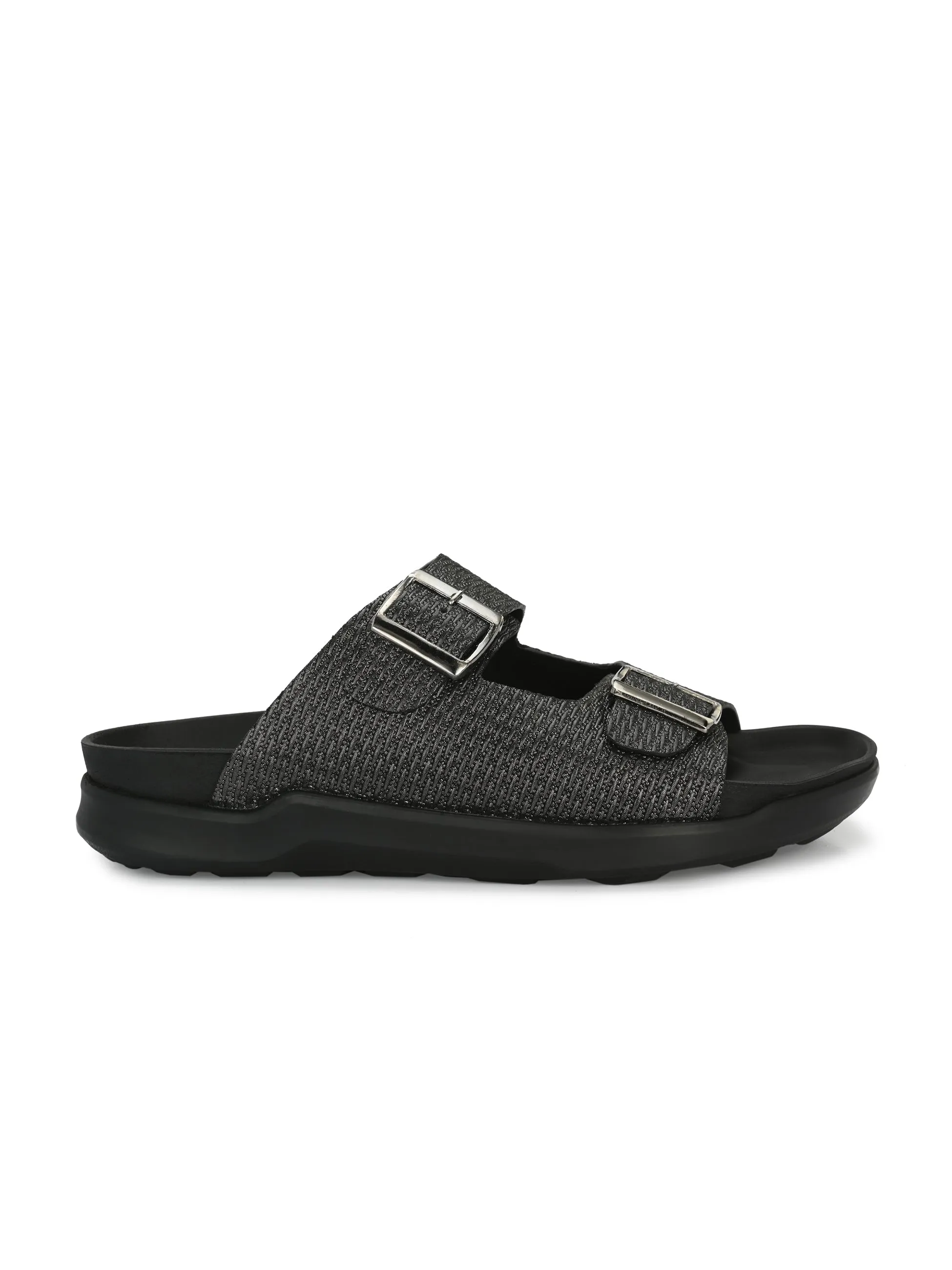 Hitz Men's Black Leather Open Toe Slippers