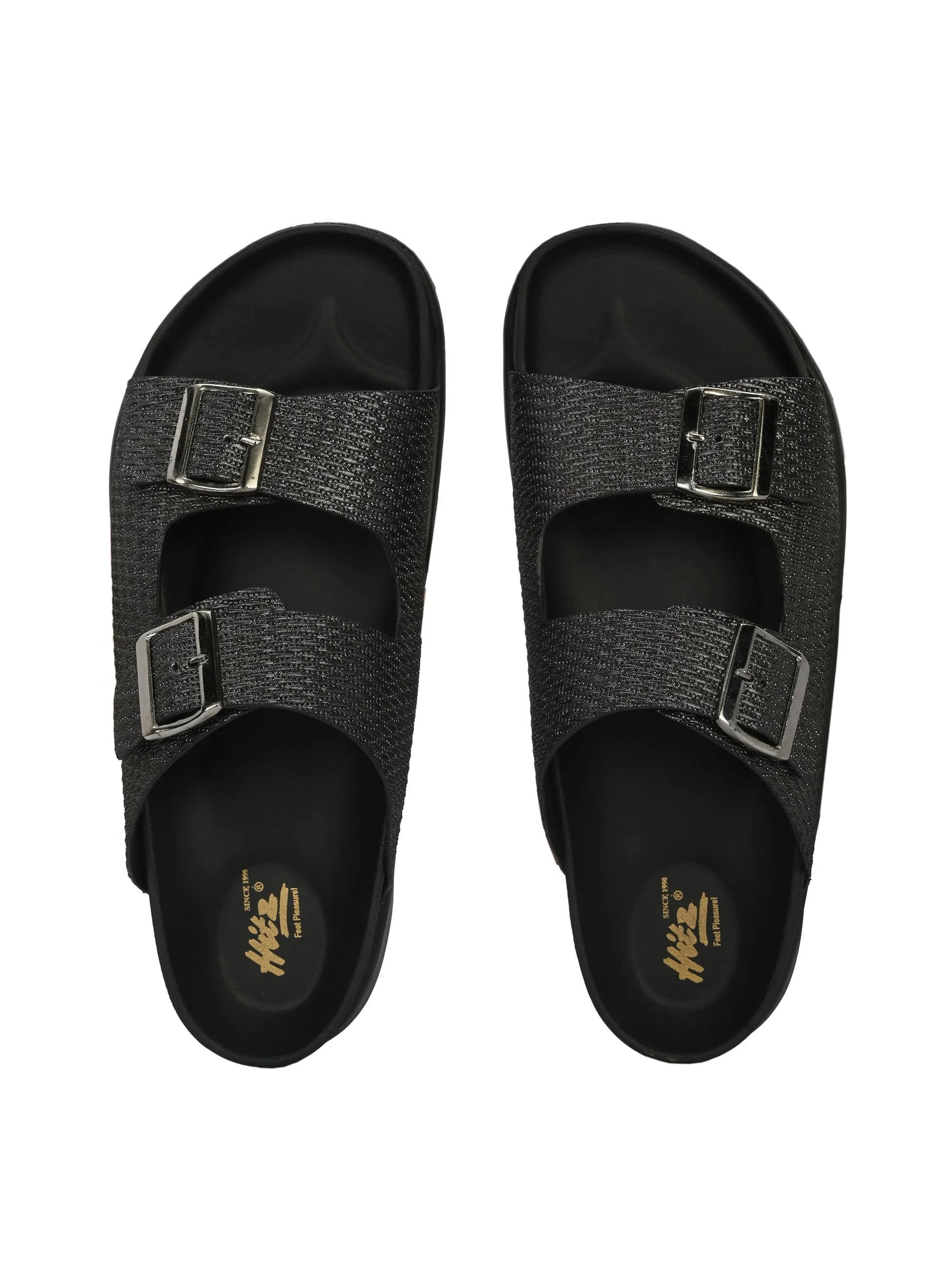 Hitz Men's Black Leather Open Toe Slippers