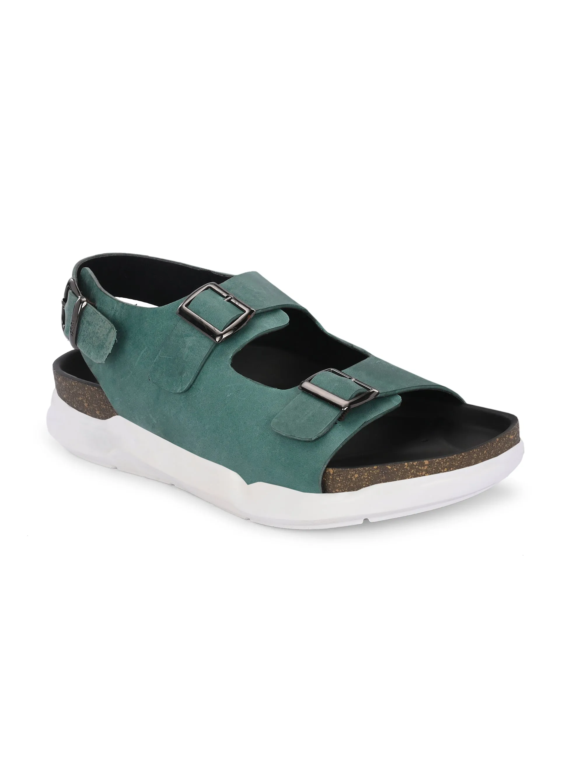 Hitz Men's Green Leather Daily Wear Sandals