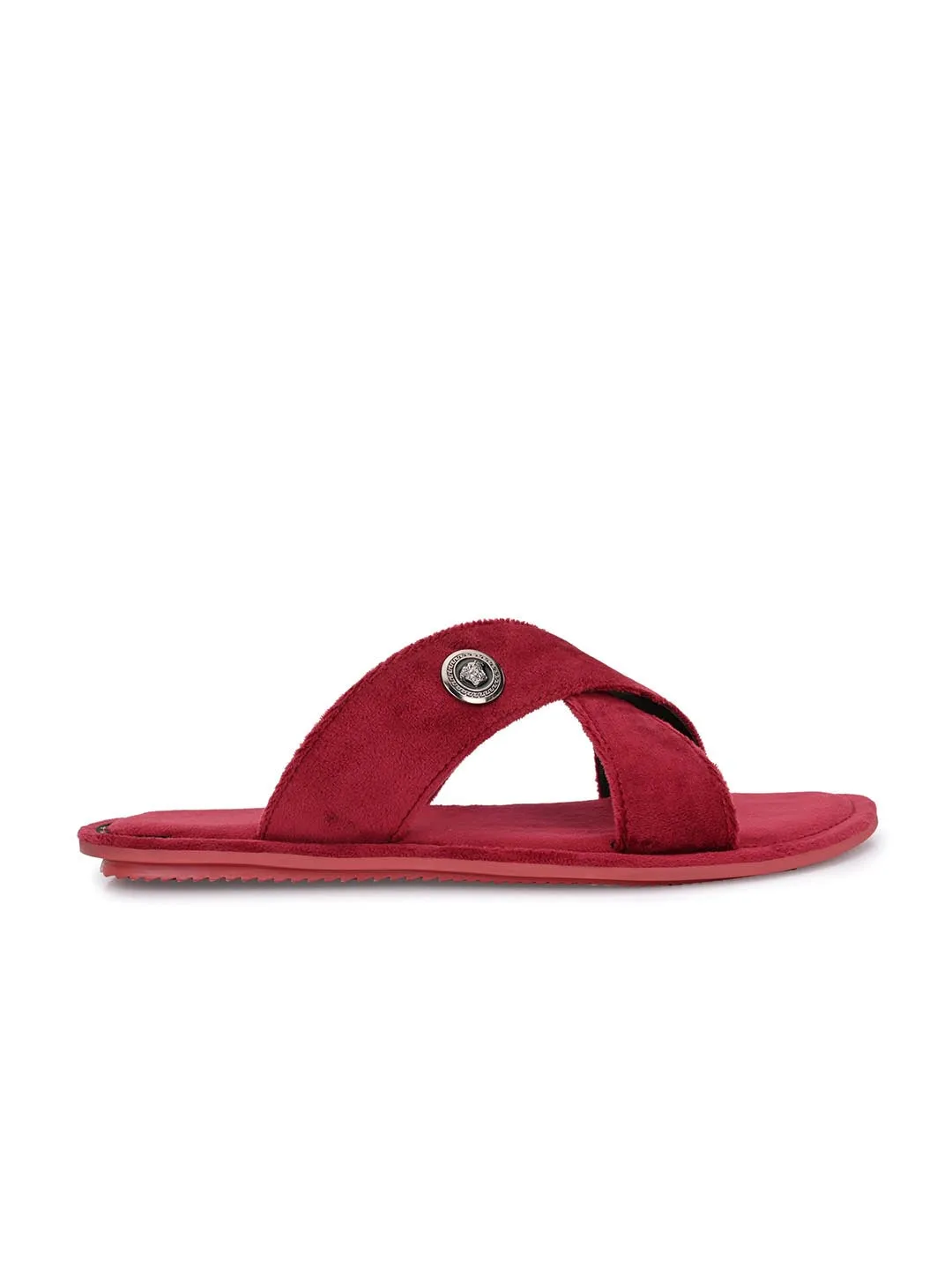 Hitz Men's Red Leather Casual Open Toe Indoor Outdoor Slippers