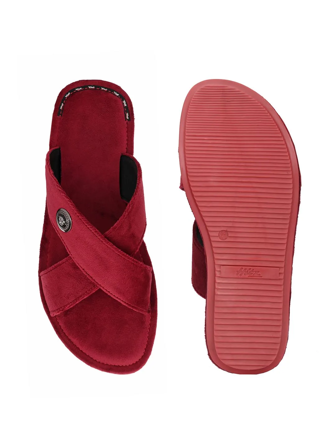 Hitz Men's Red Leather Casual Open Toe Indoor Outdoor Slippers