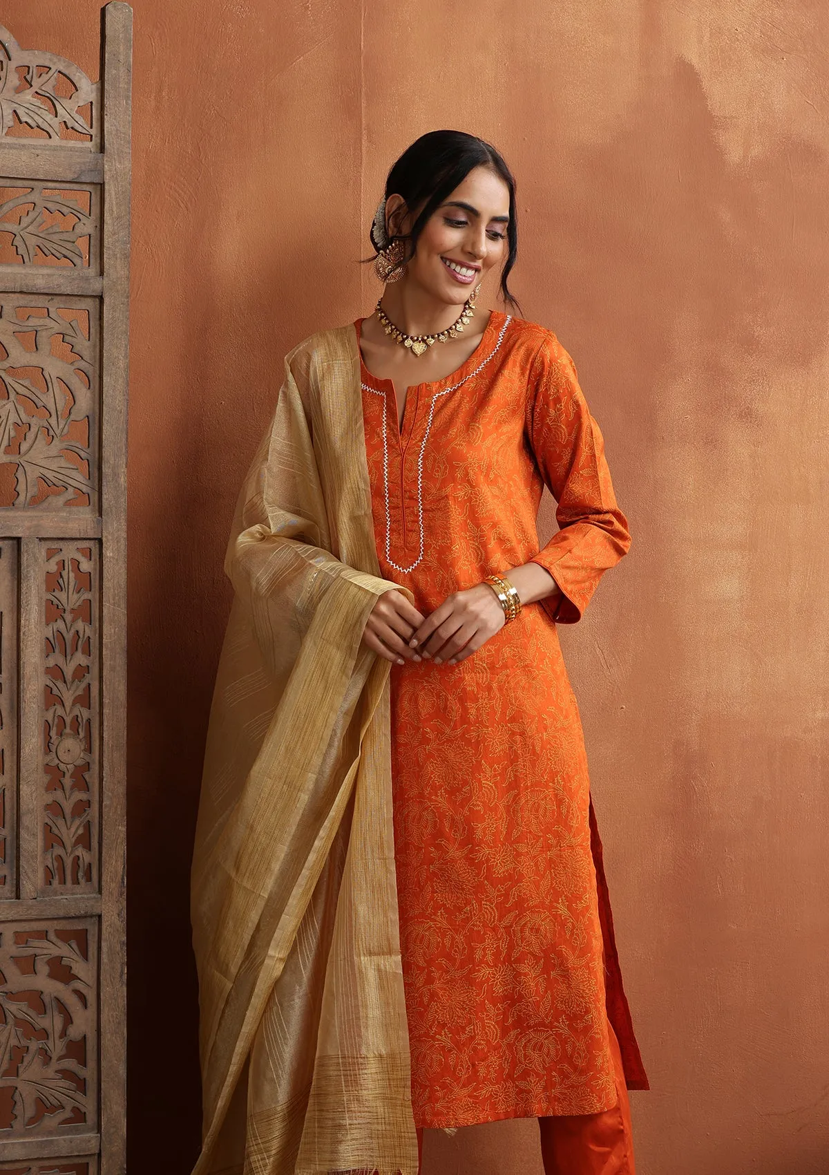 HOC Crafts Glazed Cotton Hand Block Printed with Hand Embroidery  Women's 3 PC Long Kurta Set with dupatta  - Orange