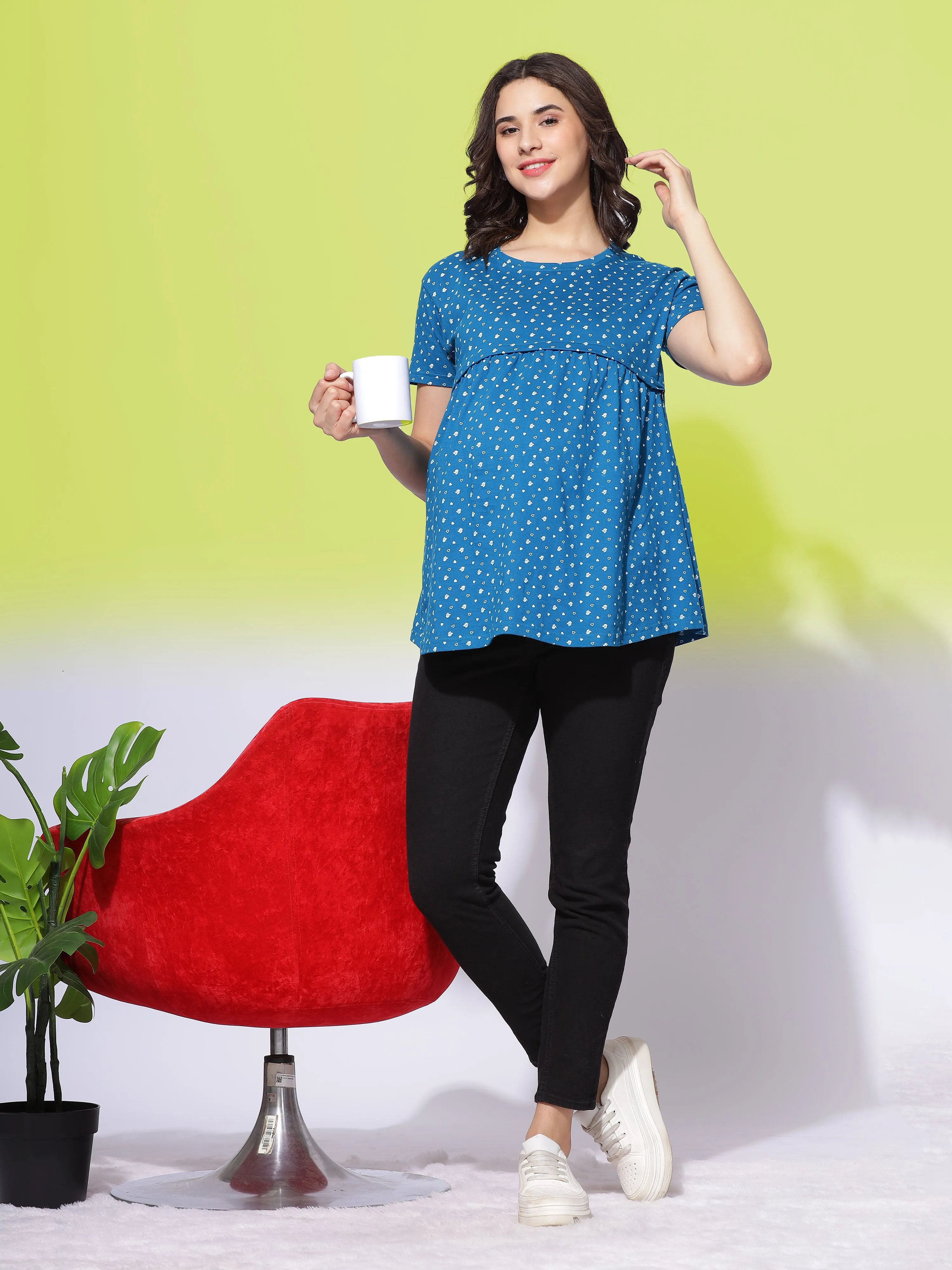 Hosiery Cotton Maternity Feeding Petrol Blue Top