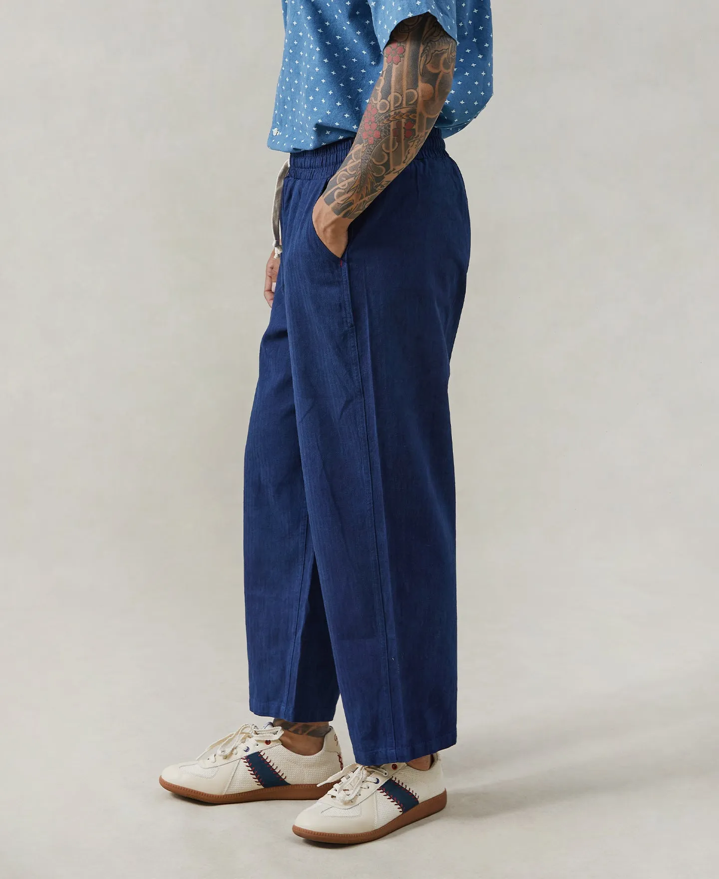 Indigo-Dye Loose Cotton Herringbone Pants