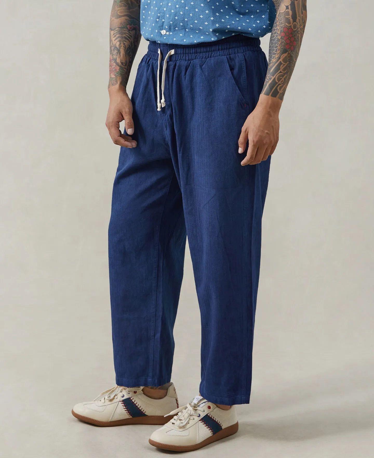 Indigo-Dye Loose Cotton Herringbone Pants