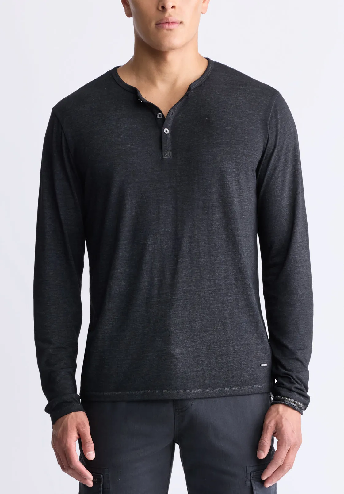 Kaduk Men's Long-Sleeve Burnout Henley Top, Black - BM24237