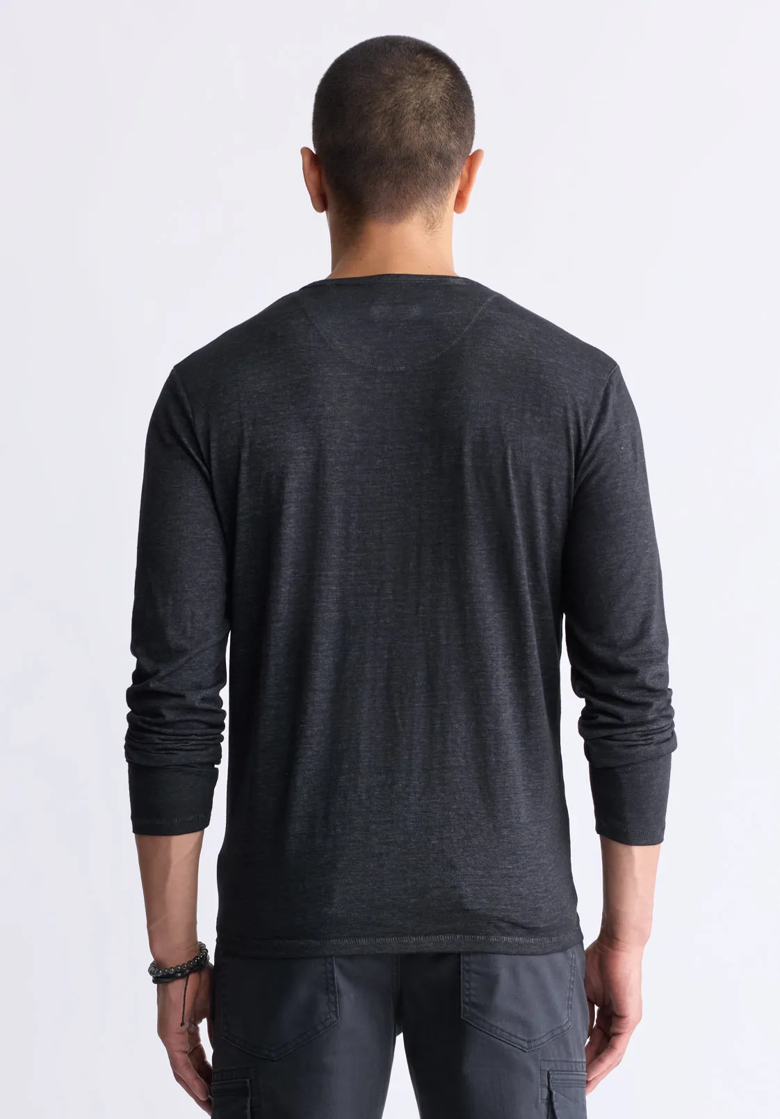 Kaduk Men's Long-Sleeve Burnout Henley Top, Black - BM24237