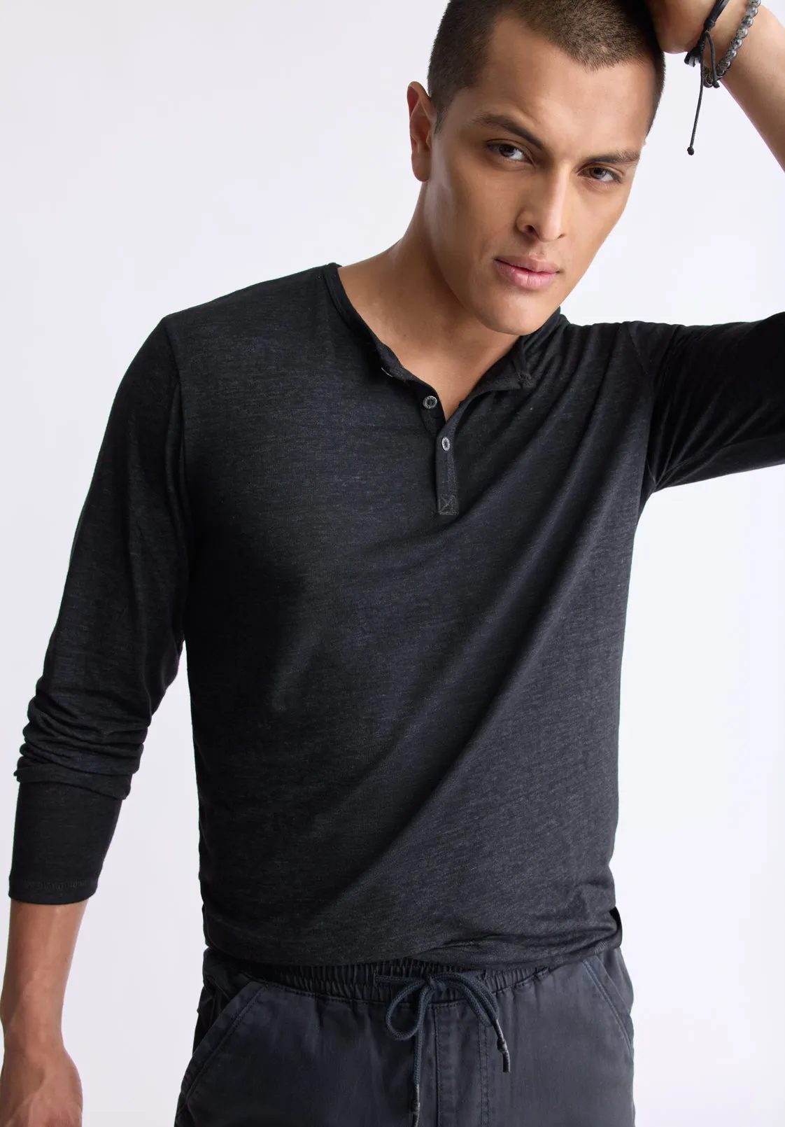 Kaduk Men's Long-Sleeve Burnout Henley Top, Black - BM24237