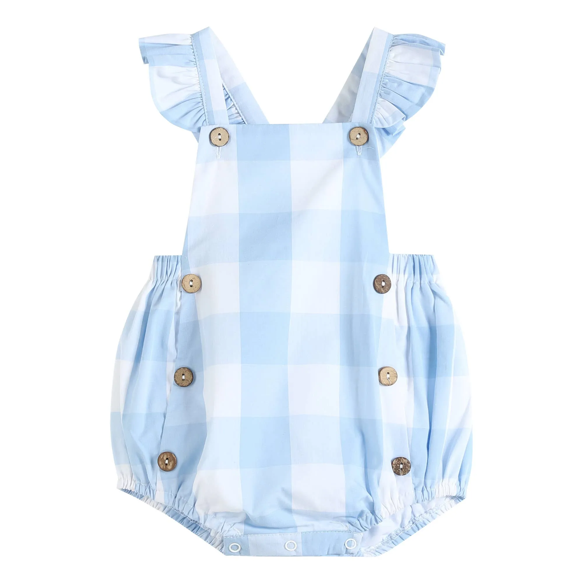 Large Check Blue Gingham Ruffle Button Baby Romper